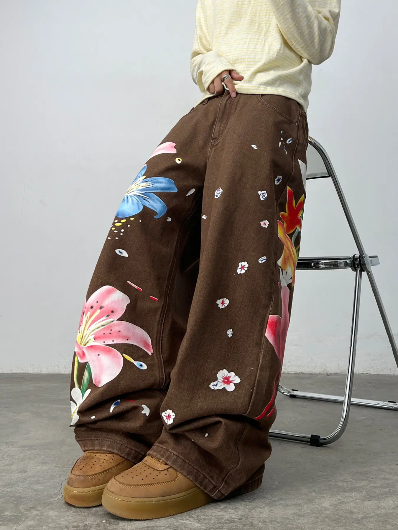 Men's Y2K Retro Wide Leg Jeans, Full Color Lily Digital Print, Loose Fit Long Pants, Casual Streetwear Style, No Belt Included