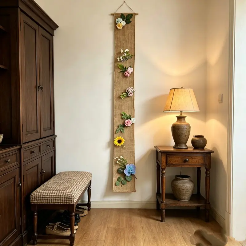78x5.9 Inch Vertical Linen Floral Hanging Decor, Handmade Artificial Sunflower Rose Orchid Linen Tapestry, Boho Farmhouse Wall Art for Corridor Bedroom Living Room Airbnb Wedding