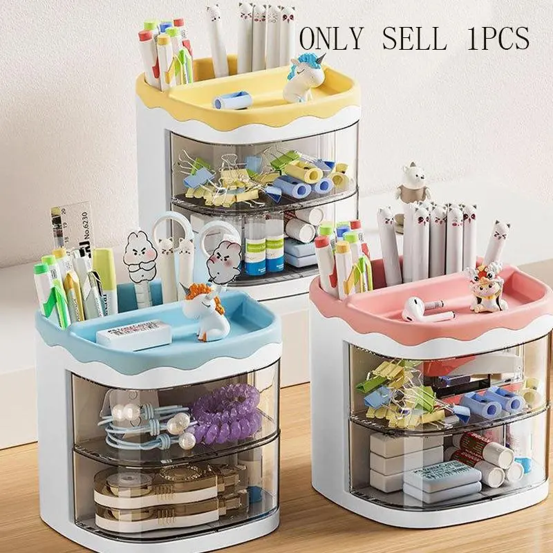 Rotating Pen Holder, Multi-Layer Transparent Storage, Cartoon Decorative Stationery, Desk Accessories, Office Accessory, Office Supplies Organizer, Desk Organizers with Compartments, Office Desk Organizer