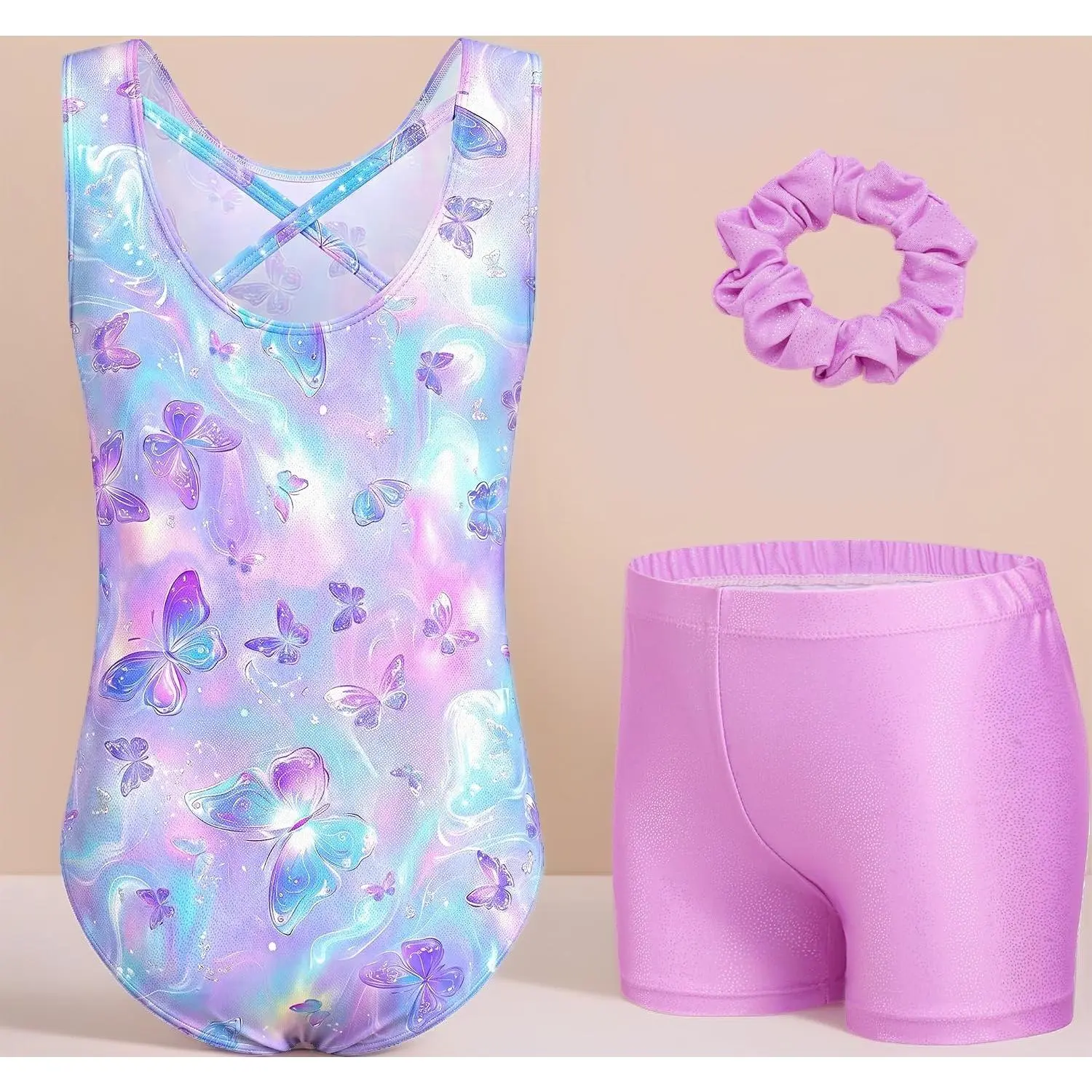 Sparkly Crisscross Gymnastics Leotard Shorts Combo for Girls, High Stretch Quick Dry Sleeveless Tumbling Unitard 3-11Y