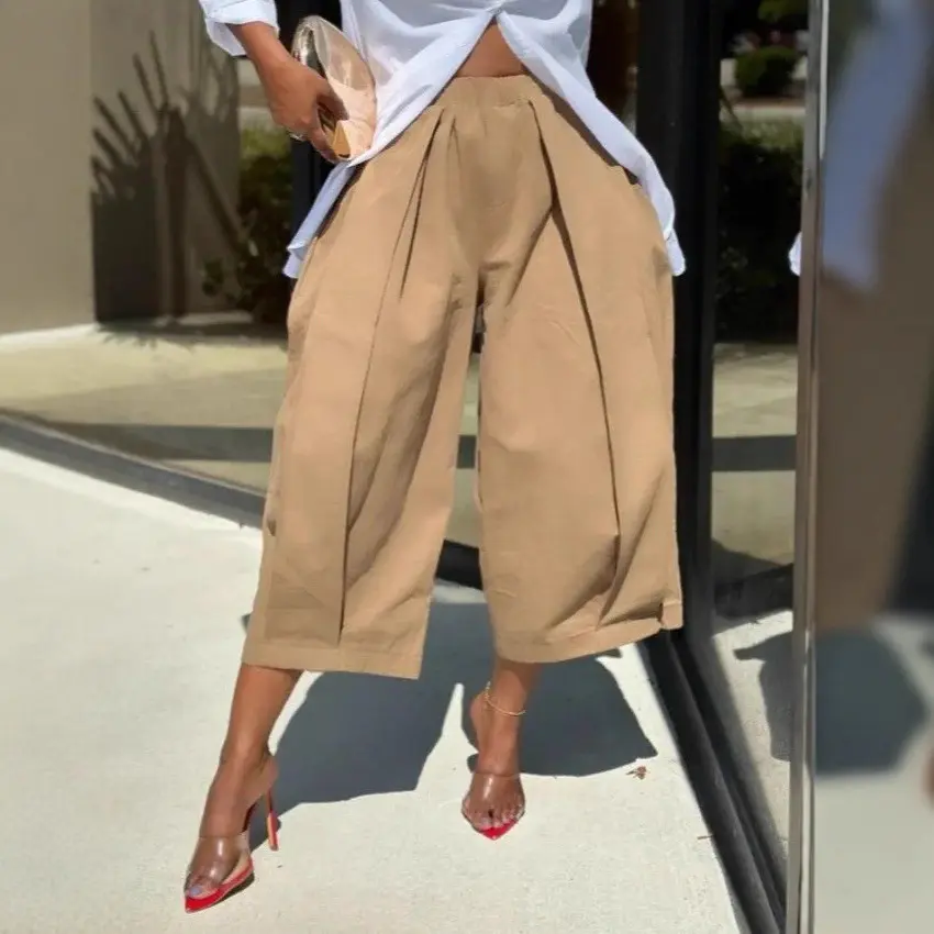 Women Solid Color Wide Leg Cropped Pants, European American Casual Loose Ankle Trousers, Comfort Daily Wear