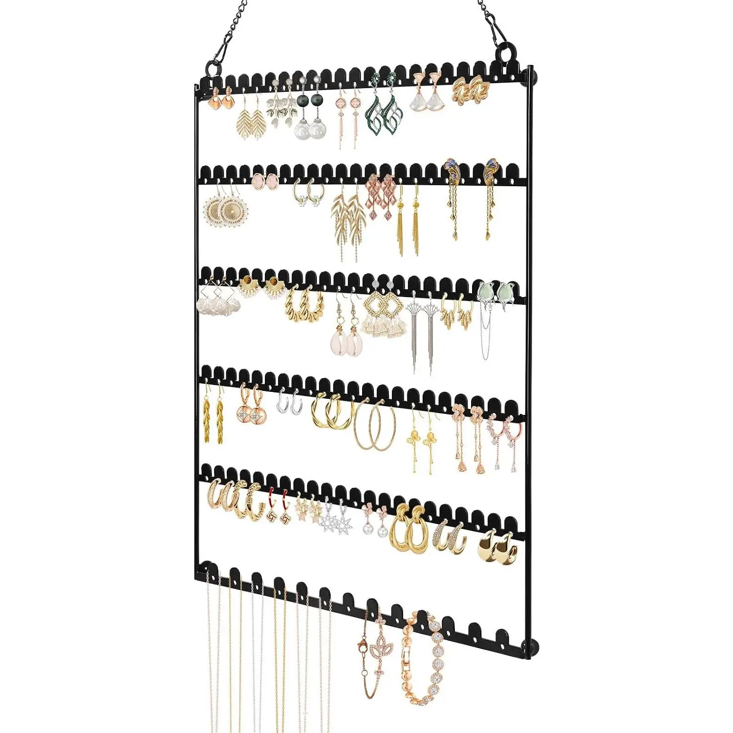 6 Tier Earring Holder Wall Mounted  Earring Organizer Black | , Earring Display Storage with 123 Holes and 129 Grooves  Organizer Tree for Stud/Hoop/Dangle Earrings Necklace