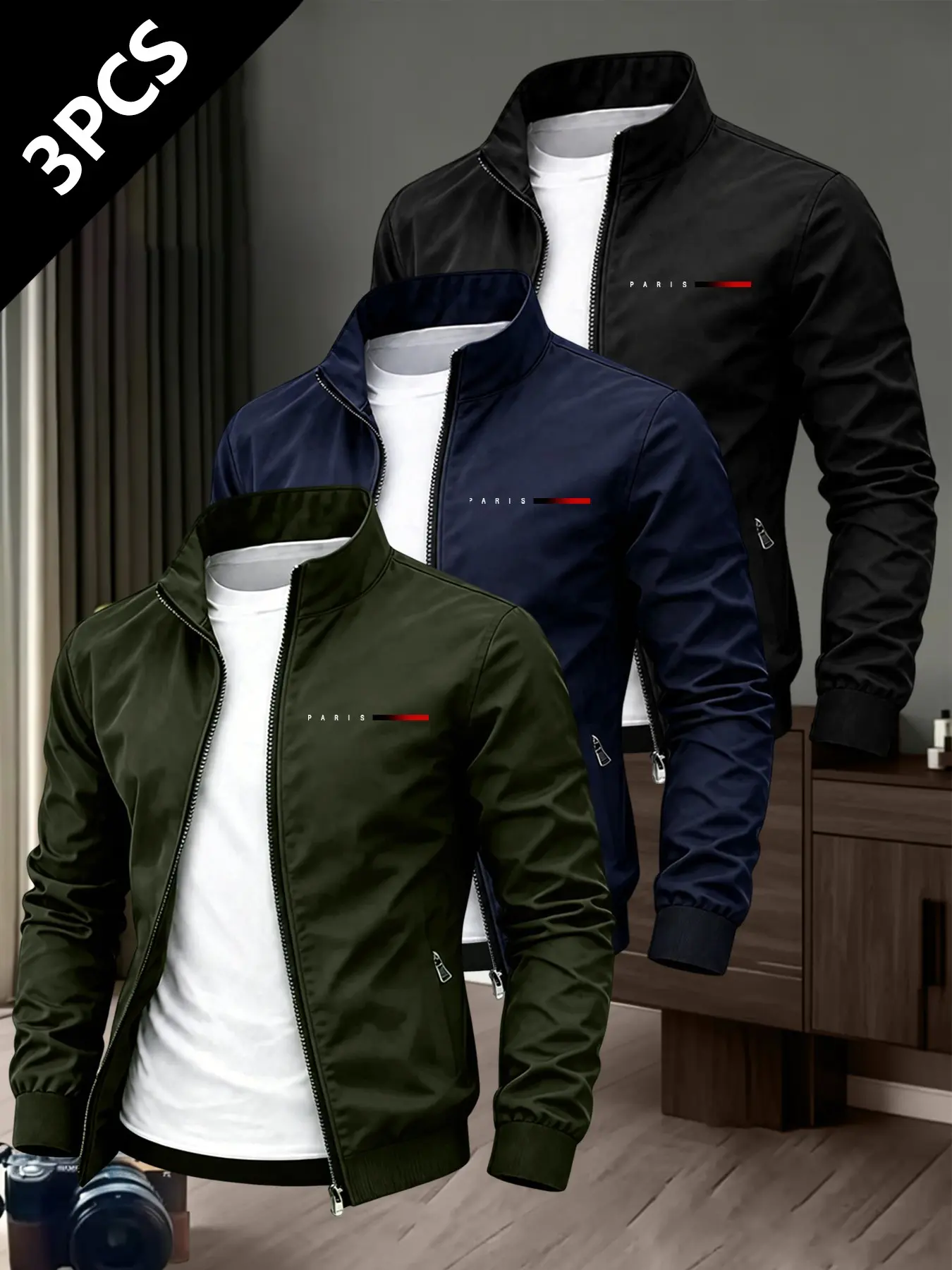 Men's 3-Piece Stand Collar Zipper Jacket Set, Casual Business Style, Paris Letter Patch, Full-Zip, Side Pockets, Fitted, Polyester Fiber