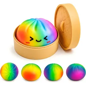 Rainbow Mystery Dumpling Squishies with Steamer Box,Soft Stretchy Bao Bun Stress Relief Balls,Sensory Fidget Squeeze Toys for Anxiety Relief,Decompression Desk Toys