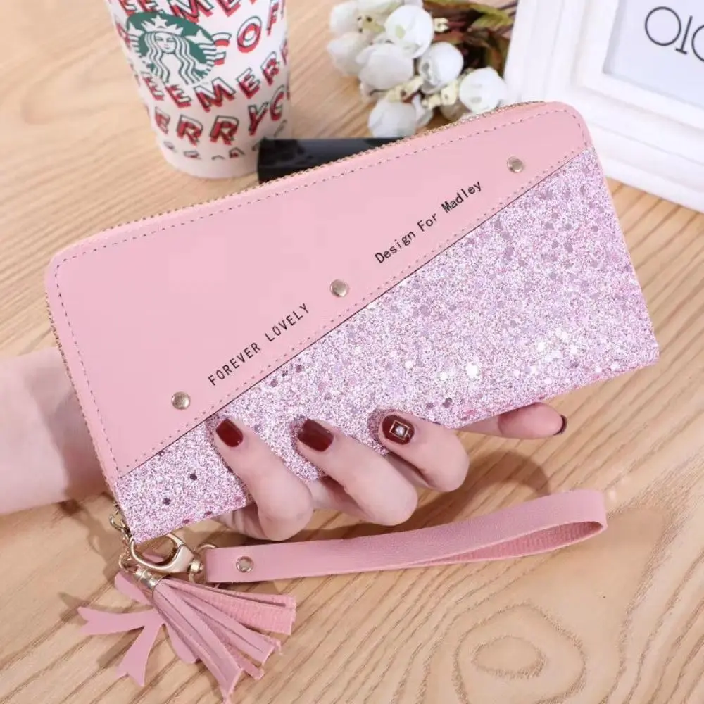 Women’s Pink Glitter Wallet, Sparkly Zip-Around Long Wristlet Wallet with Tassel Detail, Cute Fashion Handheld Purse for Everyday Carry, Shopping, Travel and Gifts for Women