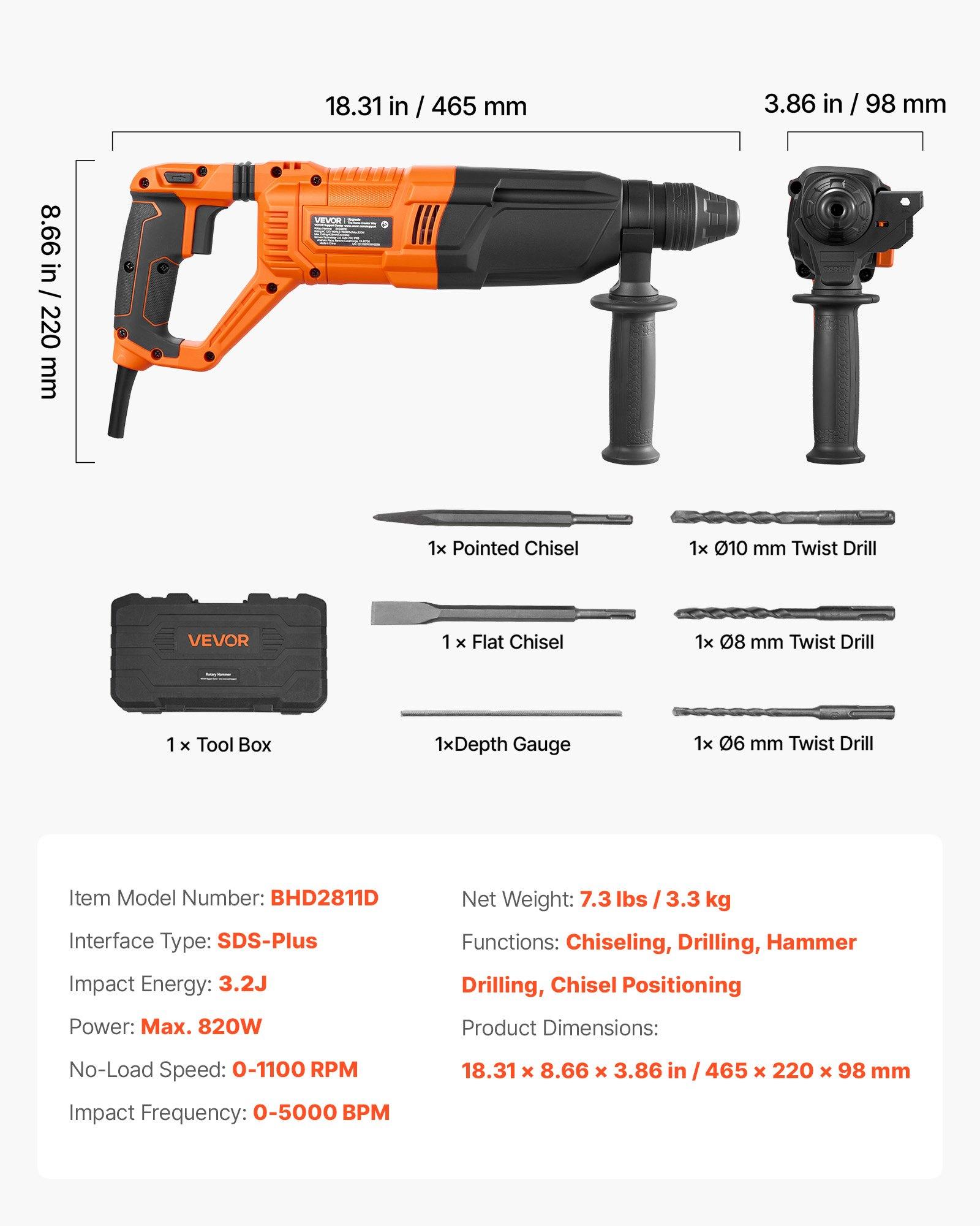 VEVOR Rotary Hammer Drill, 1-1/8 in SDS-Plus Electric Corded Heavy Duty Rotary Hammer, 4 Functions, Including 3 Drill Bits, Flat Chisel, Pointed Chisel, and Carrying Case, for Concrete and Masonry VEVOR Rotary Hammer Drill, 1-1/8 in SDS-Plus Electric Corded Heavy Duty Rotary Hammer, 4 Functions, Including 3 Drill Bits, Flat Chisel, Pointed Chisel, and Carrying Case, for Concrete and Masonry