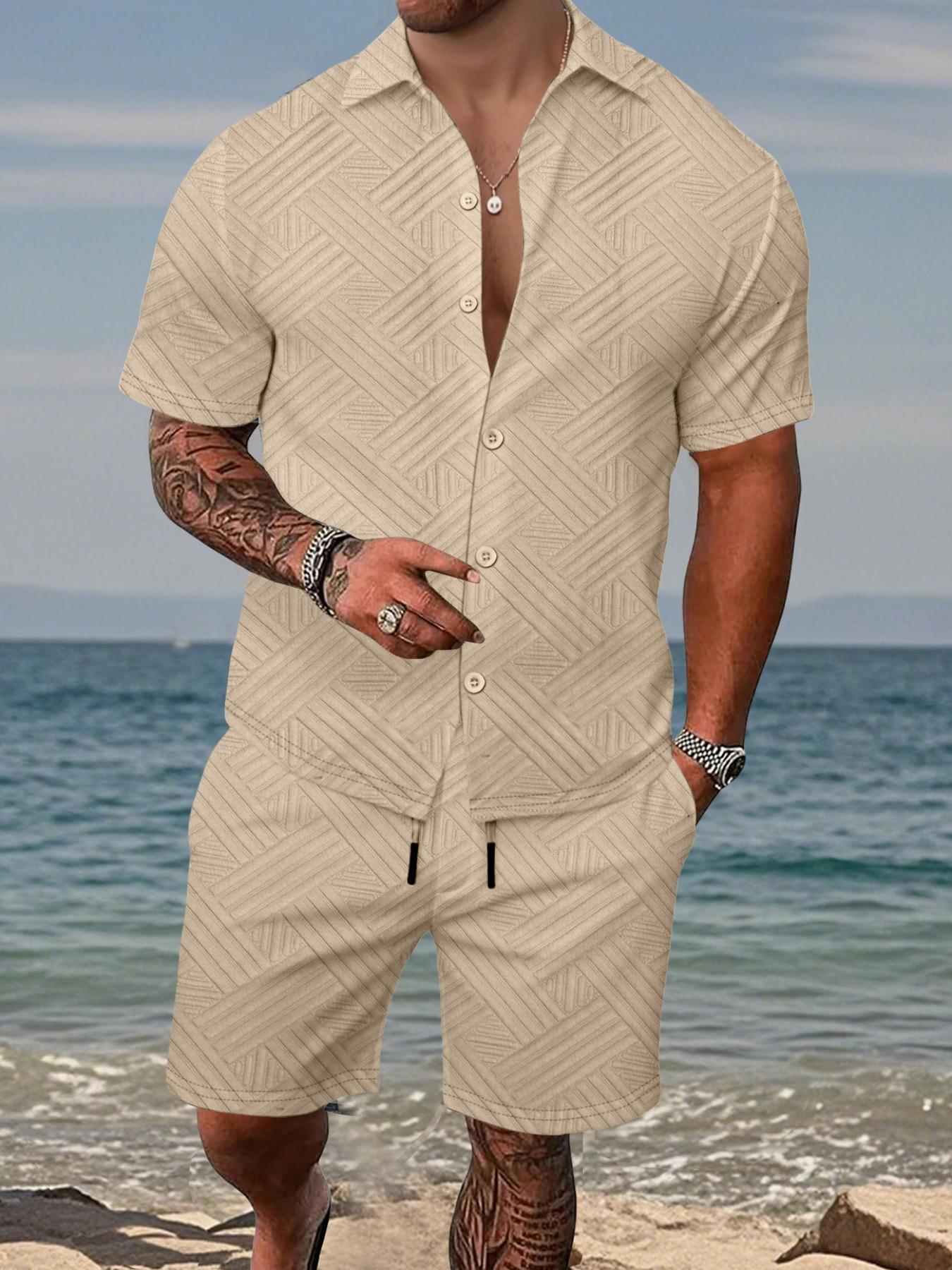 Men's 2-piece set:a short-sleeve button-up shirt paired with drawstring shorts. This summer outfit features a casual, Tropical textured diagonal stripe pattern, perfect for beach getaways, vacations, casual outings, and more—a men's stripe set.