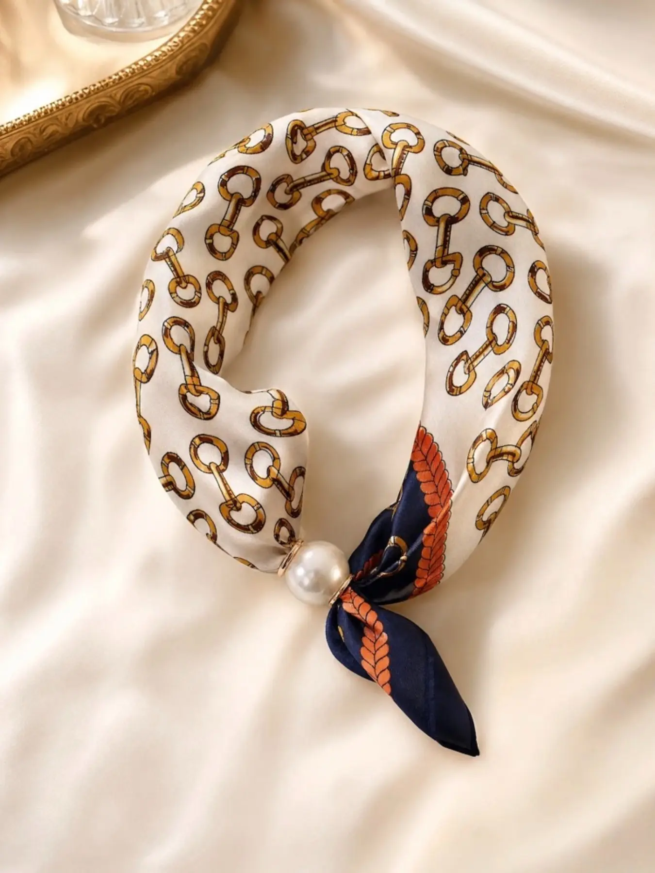 Pearl Magnetic Clasp Necklace Scarf, Knot & Chain Pattern Scarf Necklace, Elegant Loose-Fit Fashion Accessory, Soft Comfortable Holiday Wear