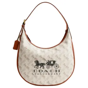 Coach Ace 32 Saddle-Print Handbag for Women – Faux Leather and Genuine Leather Half-Moon Bag in Chalk White and Highlight Amber