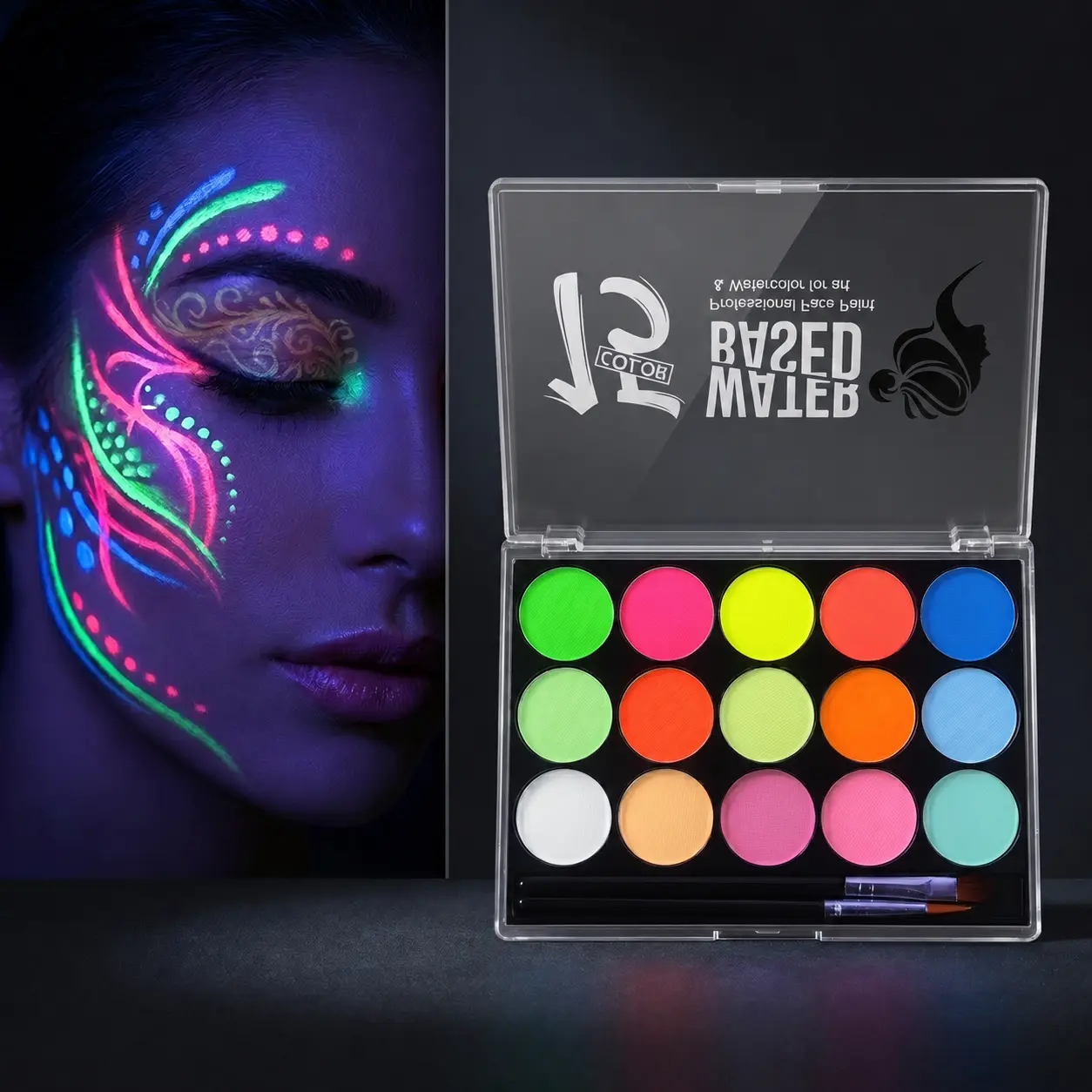 15-Color Water Activated UV Neon Glowing Cosmetic Paint Palette, Gentle Washable Makeup for Party Costume Accessory Enhancements