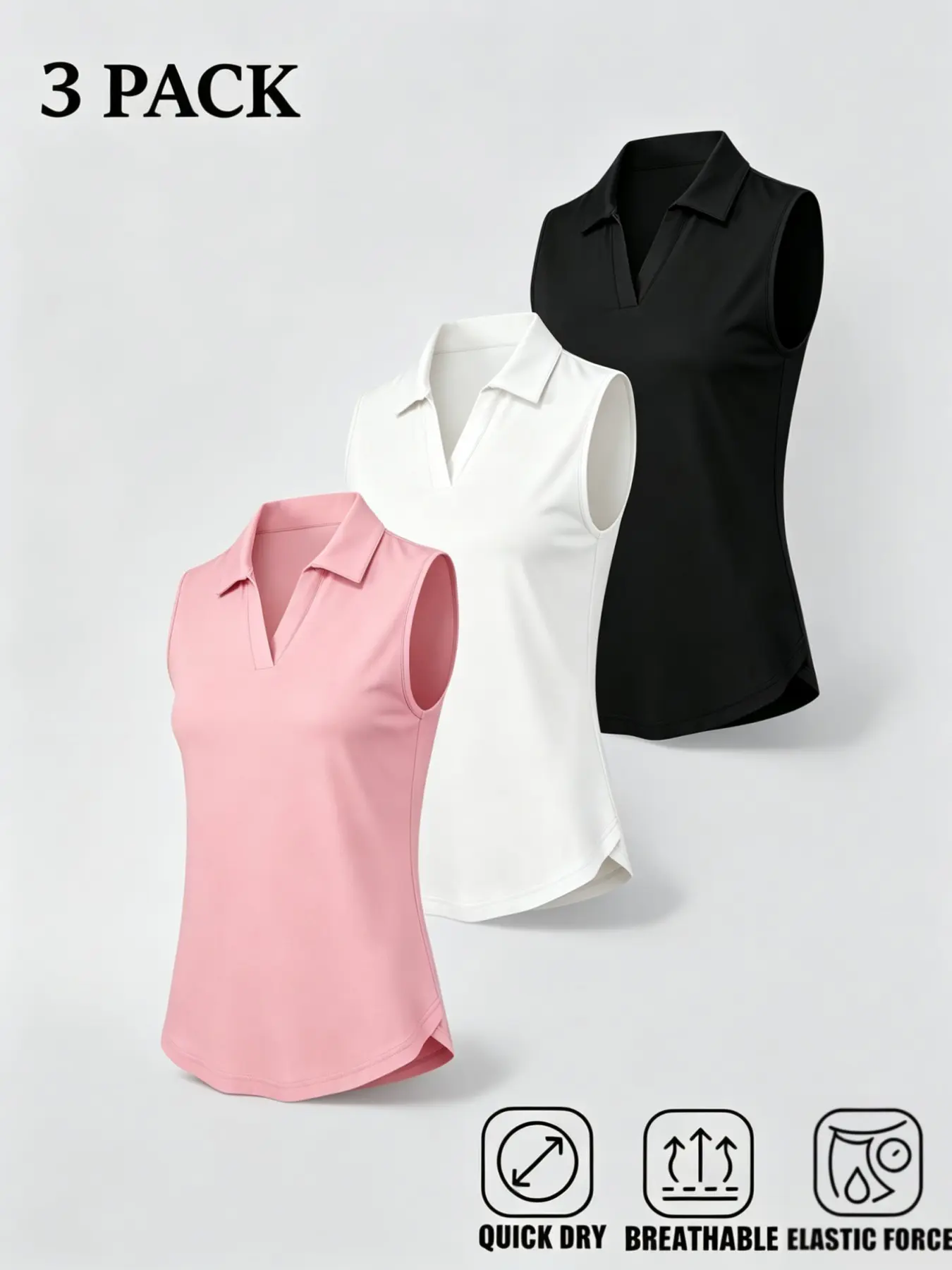3-Pack Women's Sleeveless Polo Shirts, Breathable Tennis Golf Wear, Soft Lightweight Elastic Casual Tops, Ideal for Spring Summer Daily Use, Everyday