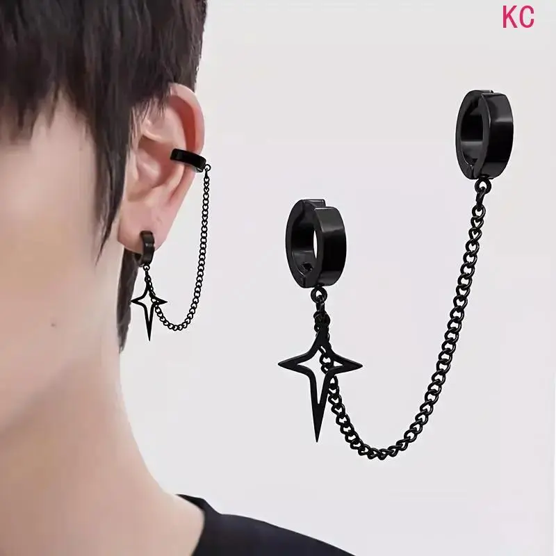 Heavy Duty Hip Hop Chain Non Piercing Earrings For Men, Stainless Steel Bold Statement Ear Jewelry For Daily And Party Outfit Matching