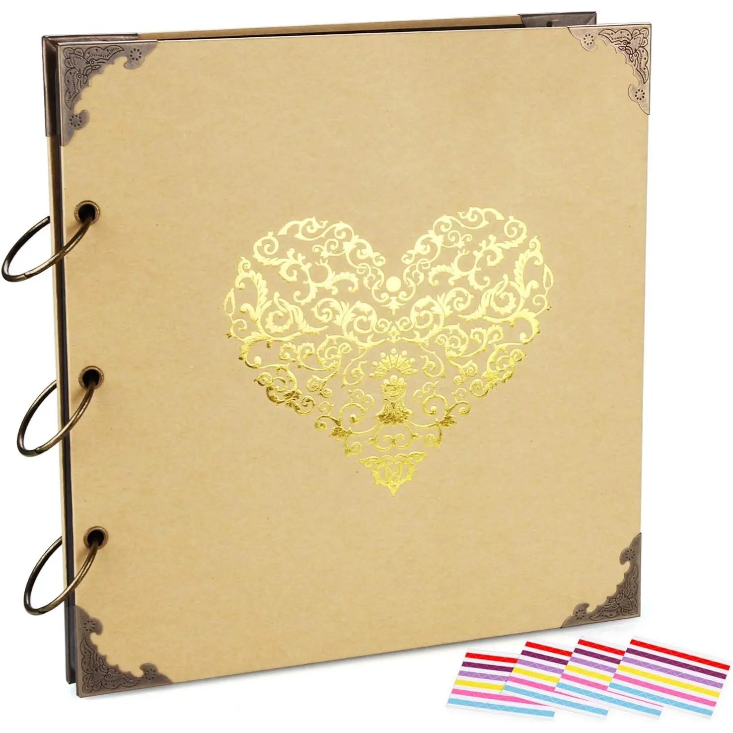 Photo Album DIY Scrapbook, 10x10 inch 50 Pages Double Sided, Vintage Hardcover Three-Ring Binder Picture Booth with 408pcs 6 Colors Self Adhesive Photos Corners (Champagne, Gold Blocking Heart)