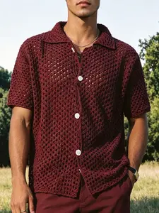 Men's Knit Cardigan, Wine Breathable Hollow Out Top, Knitwear Loose Fit Stretchy Soft Casual Style, Ideal for Daily Wear, Parties, Vacations