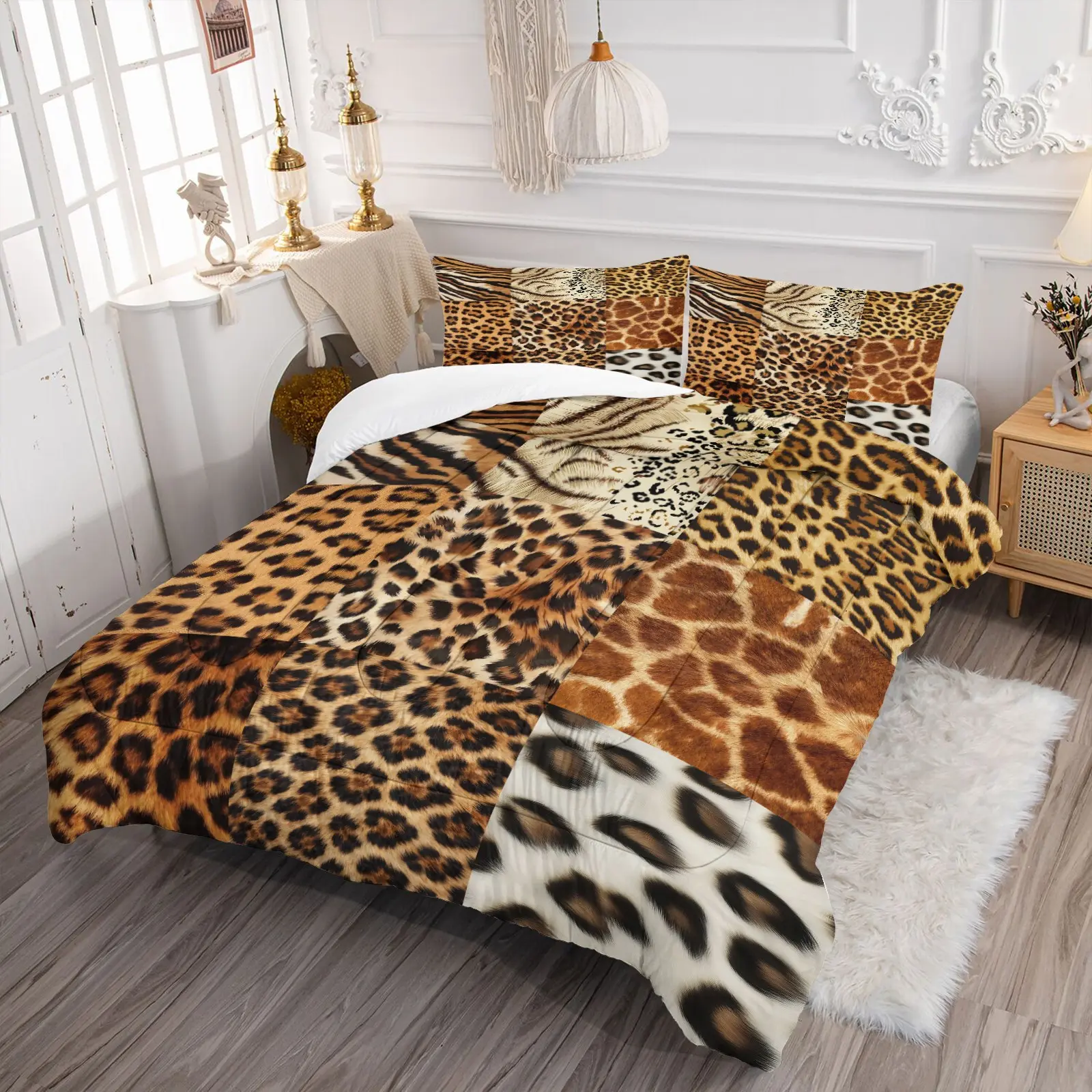 Mixed Wild Animal Patchwork 2/3Pcs Comforter Set, Leopard Tiger Giraffe Cheetah Zebra Fur Spliced Bedding Set--1 Comforter + 1/2 Pillowcases,  Vintage Safari Wildlife Print Comforter For Bedroom Dorm Decor Housewarming Gift