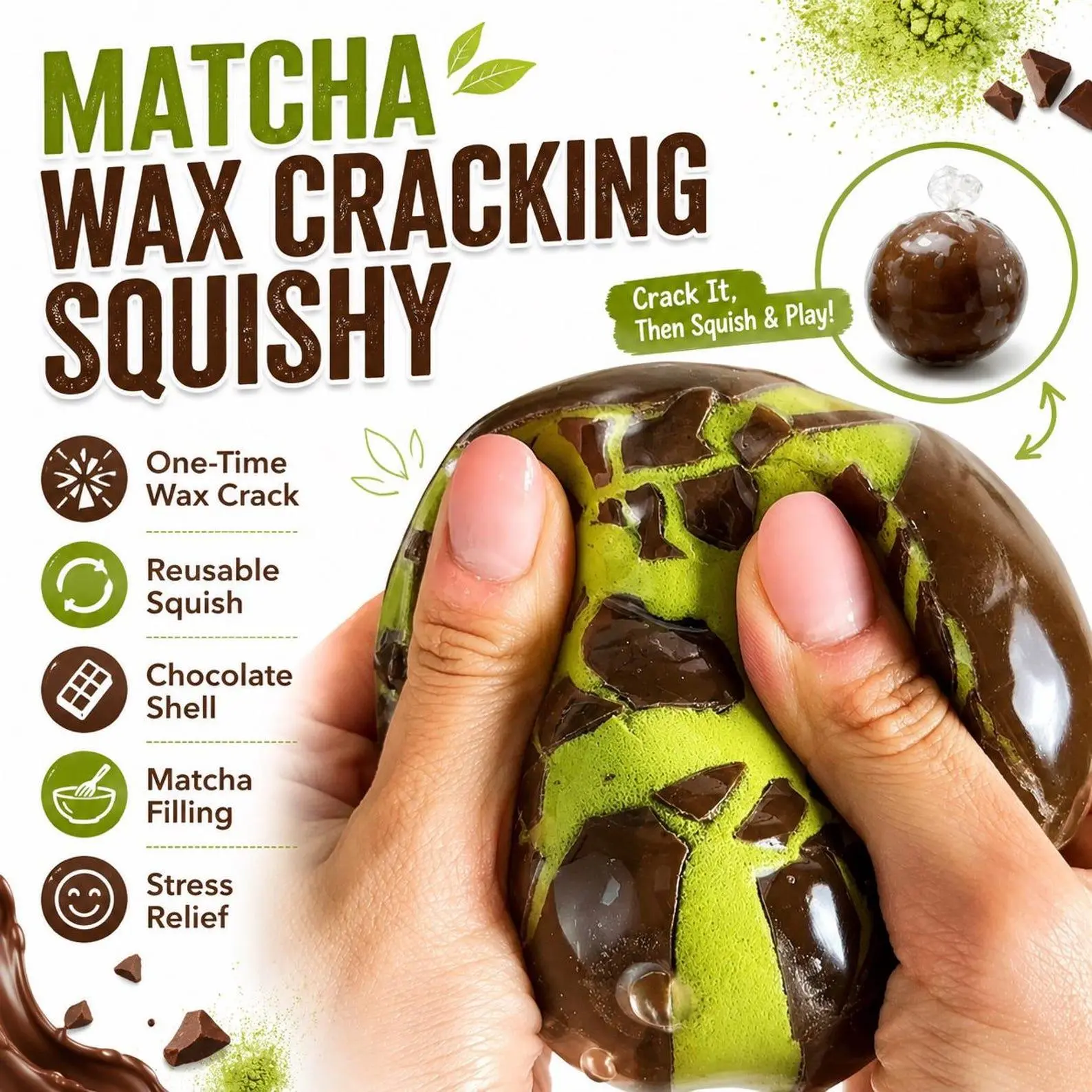 Matcha Wax Cracking Squishy ASMR Stress Ball, Sensory Fidget Toy with Crackling Crunch, Safe Materials Unisex Stress Relief Toy for Ages 12+ Gift