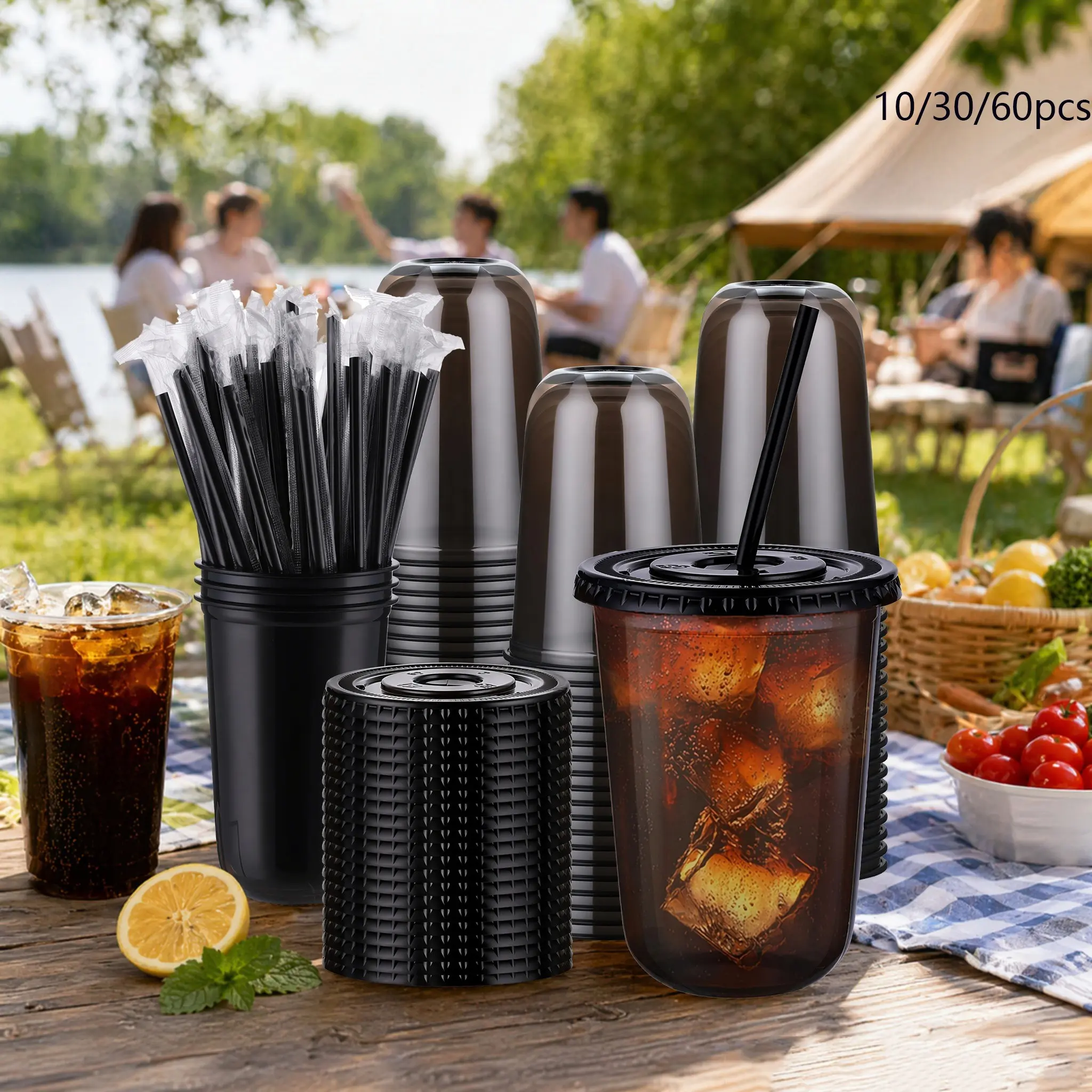 Plastic Cups Set, 10/30/60 Pieces, Plastic Party Cups, Plastic Cups With Lids, Bulk Plastic Cups, Ideal for Office Coffee, Beach Parties, Camping Picnics, Gatherings, Durable & Reusable