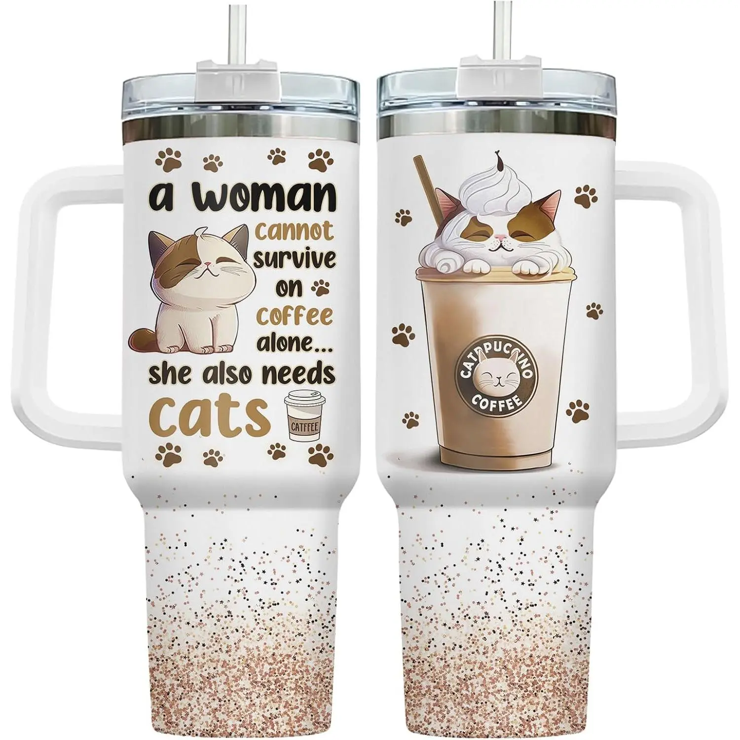 Cat Lady Tumbler 40oz with Lid and Straw - Caffein Catpuccino Vacuum Insulated Mug with Cats, Cute Kitty Gifts for Her Women, Feline Gifts for Birthday Mother's Day & Christmas
