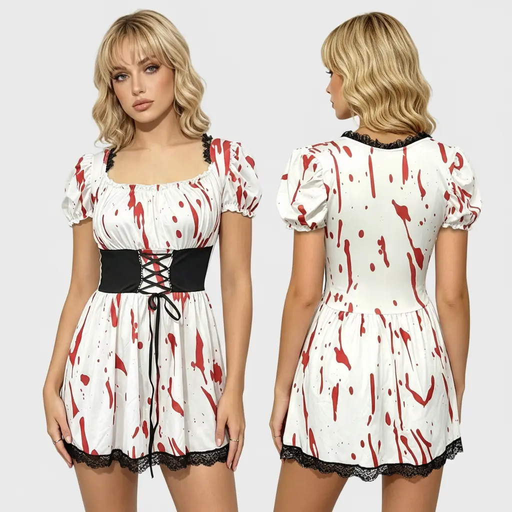 Women Blood Splatter Print Halloween Mini Costume Dress, Square Neck Puff Short Sleeve Black Lace Hem A Line Skater Dress, Front Lace Up Corset Waist Horror Gothic Vampire Cosplay Outfit