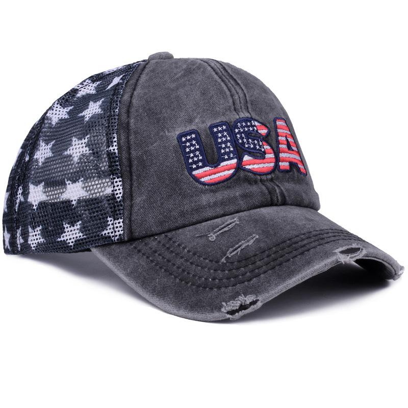 Washed cotton vintage baseball cap with embroidery, American flag embroidered cap, mesh cap, five-pointed star mesh cap