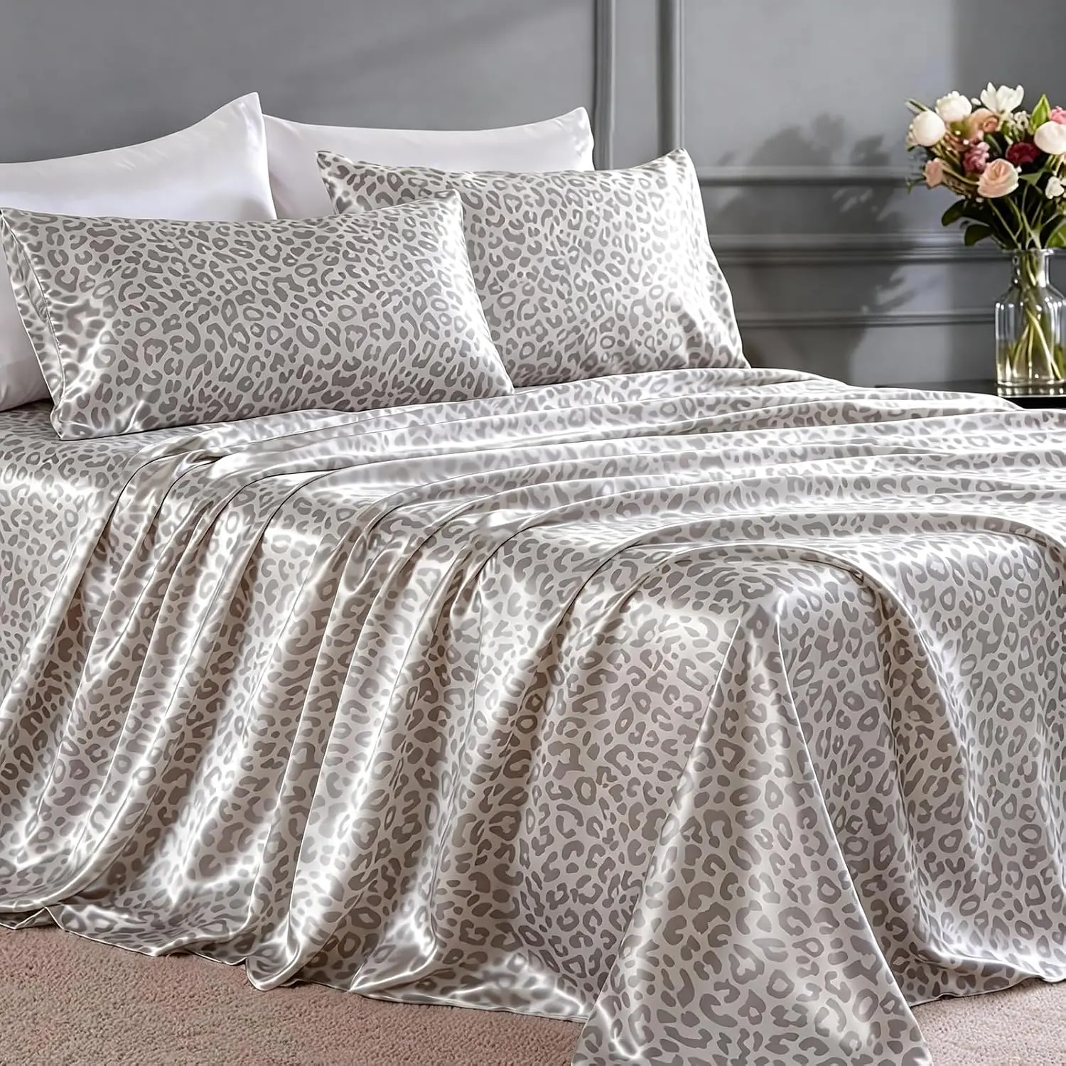 Sheets Queen Size Bed Set- 4 Piece Luxury Soft Queen Sheet Set, Similar to Silk Bed Sheets with 1 Deep Fitted Sheet, 1 Flat Sheet & 2 Pillowcases (Leopard)