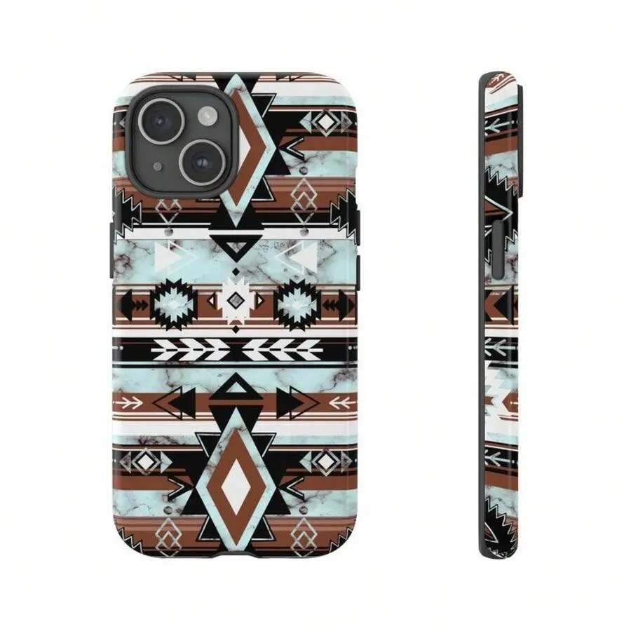 Custom Turquoise Marble Aztec Tribal Geometric Pattern Phone Case - Shockproof, Anti-Scratch Hard Shell with Protection, Wireless Resistance - for iPhone 11,12,13,14,15,16,17 Pro Max - Western Southwest Boho Vintage Aesthetic Mobile Phone Accessories, Dur