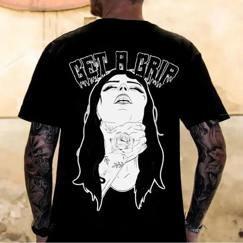 Graphic T-Shirt Get A Grip Chokehold Girl Shirt, Funny Couple Graphic Tee, Retro Vintage Y2K Streetwear Shirt, Aesthetic Tattoo Style Print T-Shirt, Casual Unisex Short Sleeve Tee for Men Women, Trendy Couple Gift Shirt