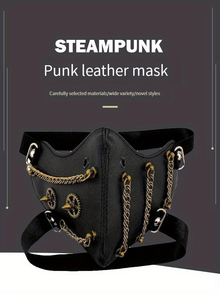Cyberpunk and Steampunk Style Adult Faux Leather Mask with Gold Chain - Fashionable, Avant-garde Halloween Party Accessory, Adjustable Shoulder Strap, Design Options, Halloween Costume