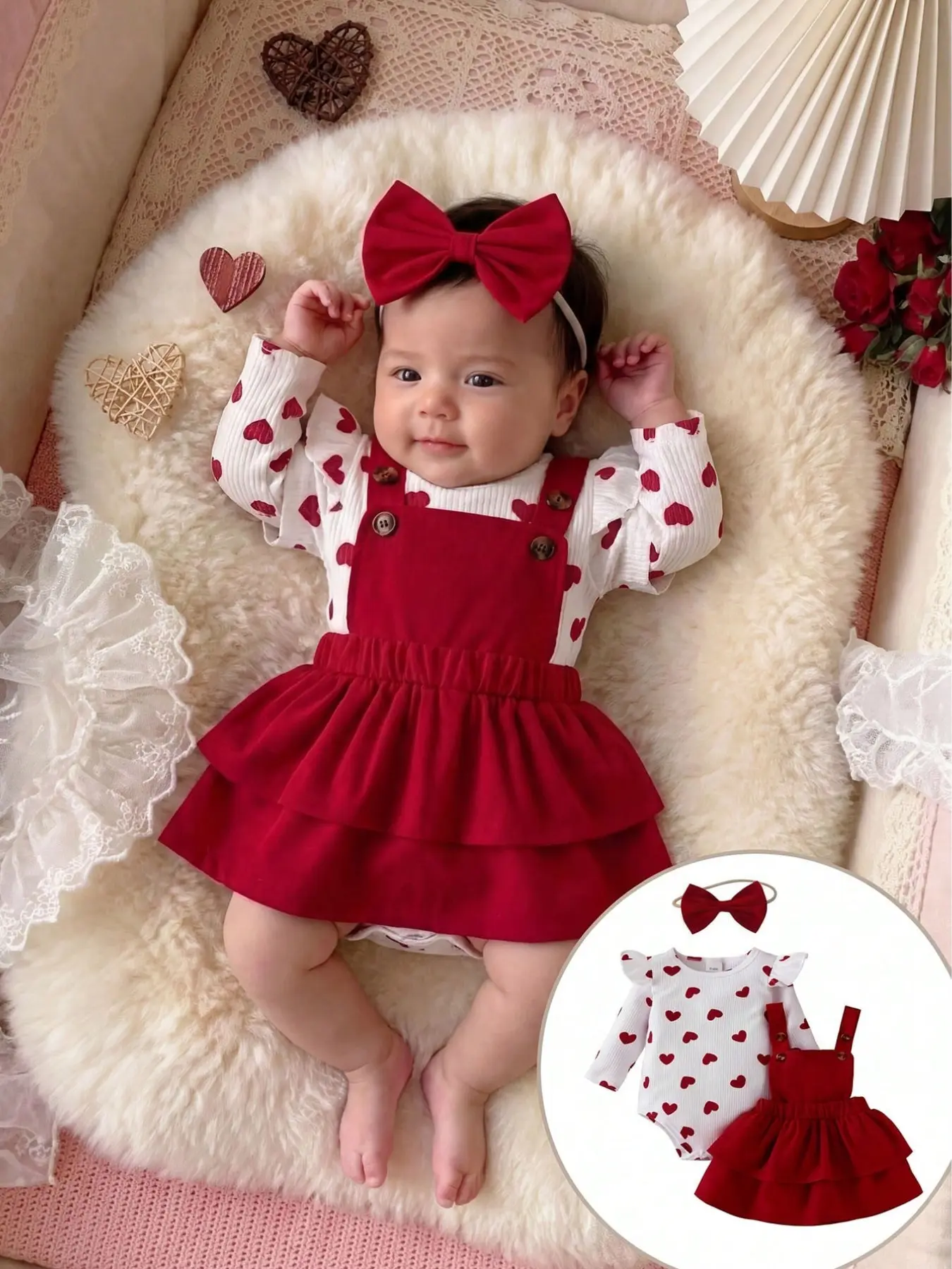 Baby Girl Spring Fall Princess 3-Piece Set, Heart Print Long Sleeve T-Shirt, Romper, Bib Dress, Butterfly Hairband, Cute