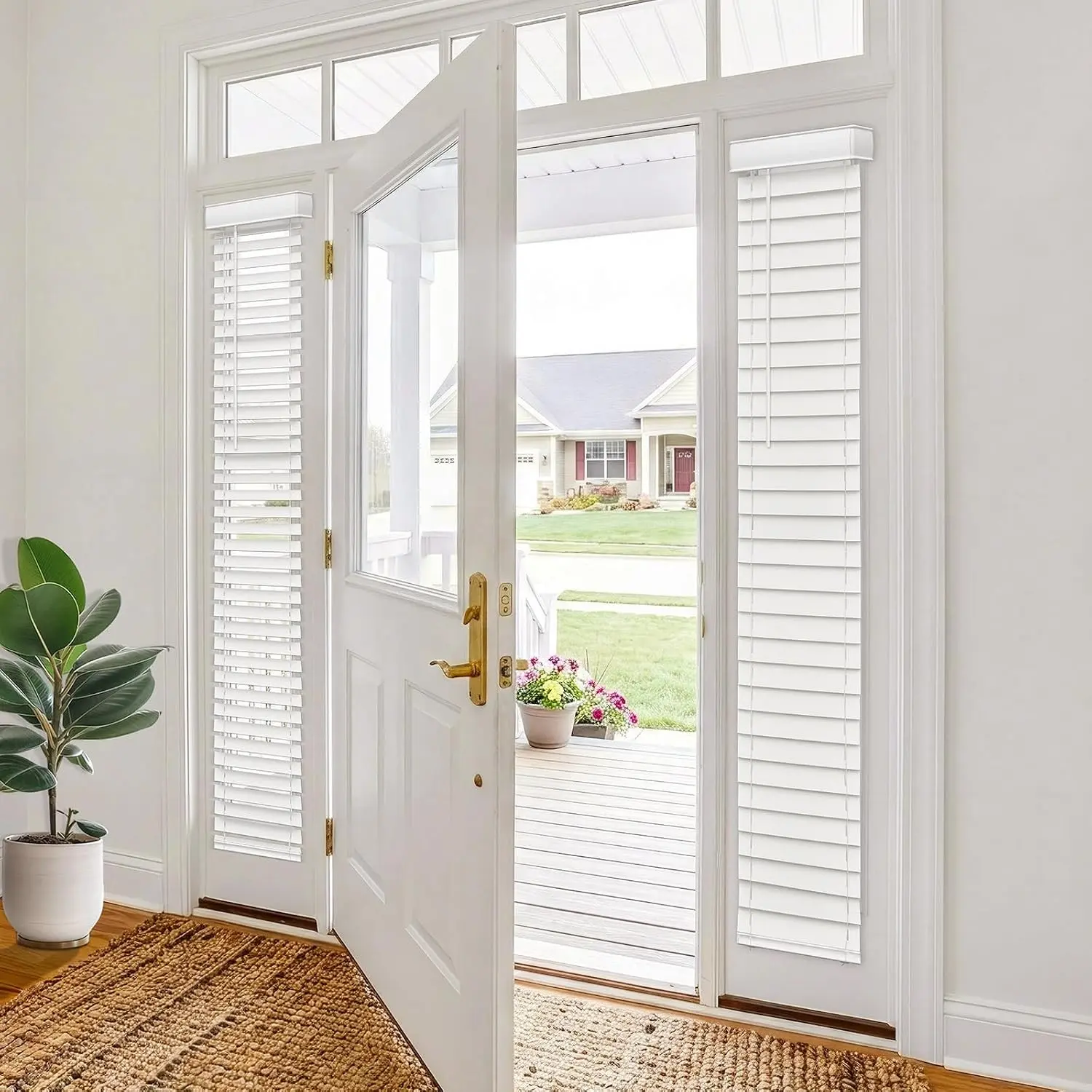 Sidelight Blinds Narrow Window Shades, White, 10" W x 72" H | Cordless faux wood horizontal blinds with 2 slats adjustable tilt wand for front door entryway privacy light control.