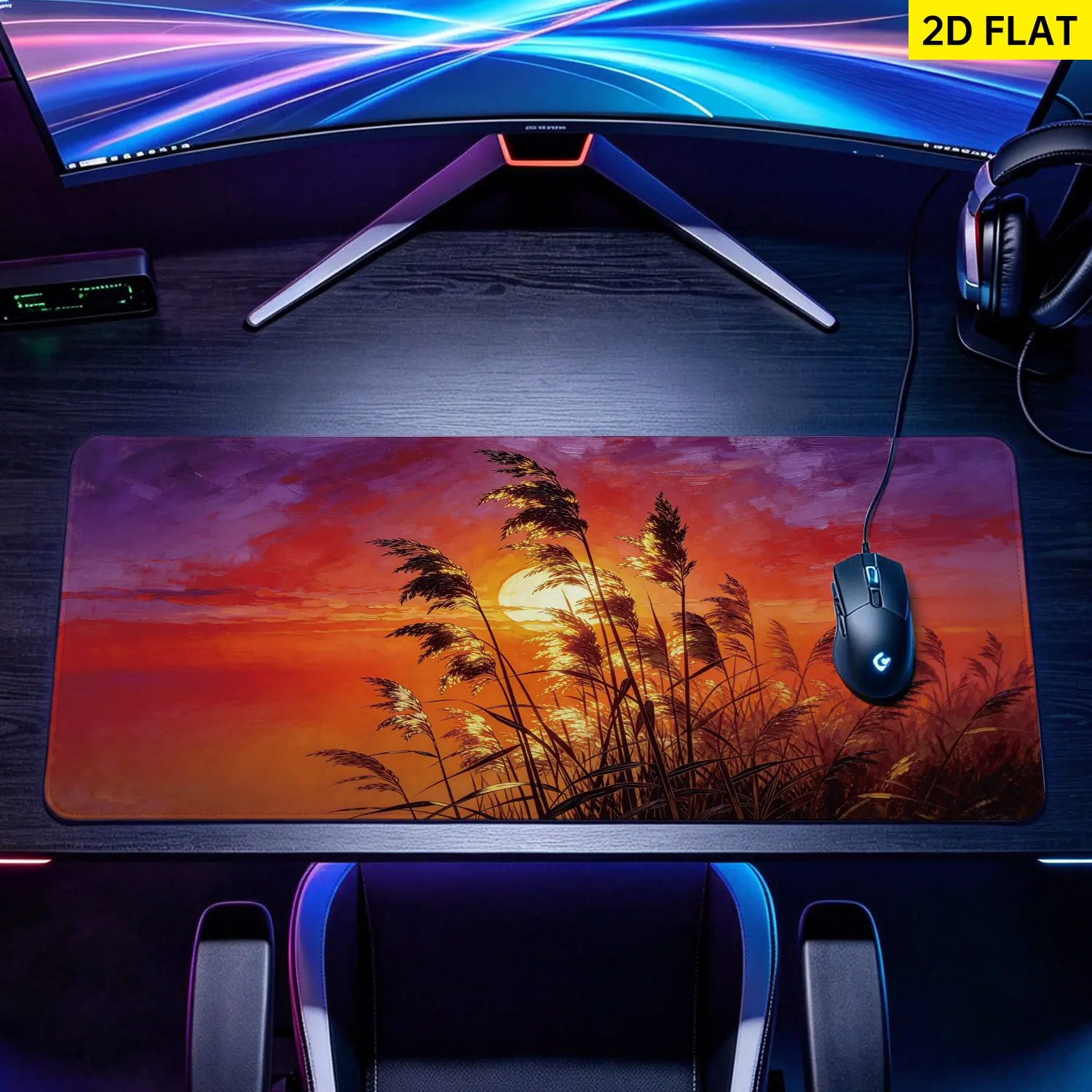Sunset Oil Paint Art Gaming Mousepad with 3D Banana Design, Extra Large 27.5*11.8in(70x30cm), Non-Slip Rubber Base, Lock Edge, Washable, Multi-Size Premium Desk Pad for Precision Moves, Gamers, Home Office, Computer Desk