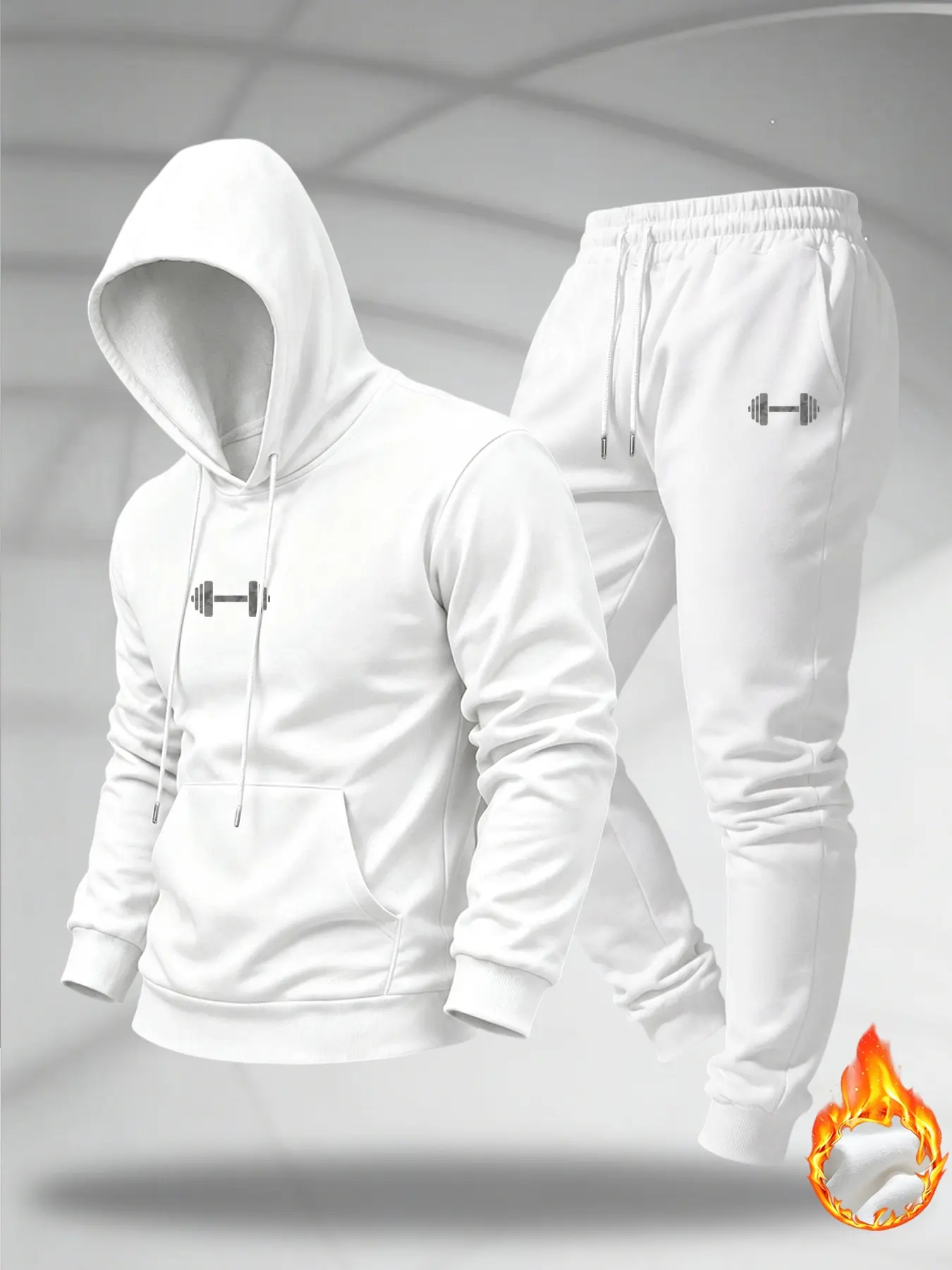 Men 2‑Piece Dumbbell Print Pullover Tracksuit Warm Fleece Lined Hoodie & Jogger Pants Set Casual Workout Athletic With Pocket