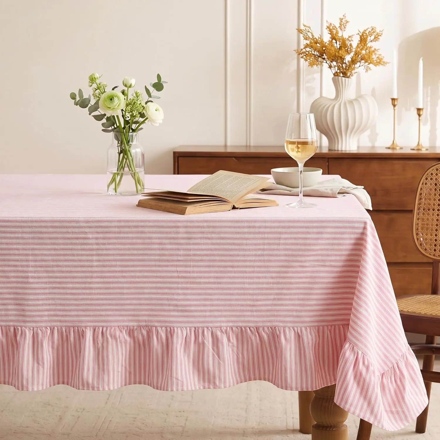 Moukeren 60 x 120 in Farmhouse Ruffle Striped Tablecloth, 100% Cotton Retro Washed Vintage Table Cover for Rectangle Dining Table, Decorative Rustic Tablecloth for Kitchen Party Wedding(Pink)