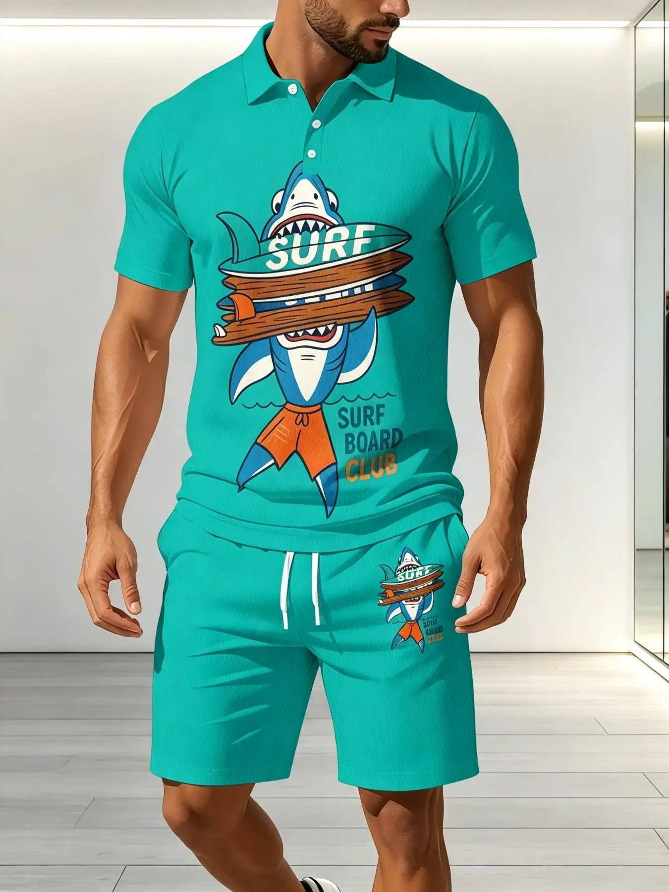 Men's Surf Shark Cartoon Print Polo Short Sleeve Set, Beach Surf Casual Style, Drawstring Five-Quarter Shorts, Youthful Vacation