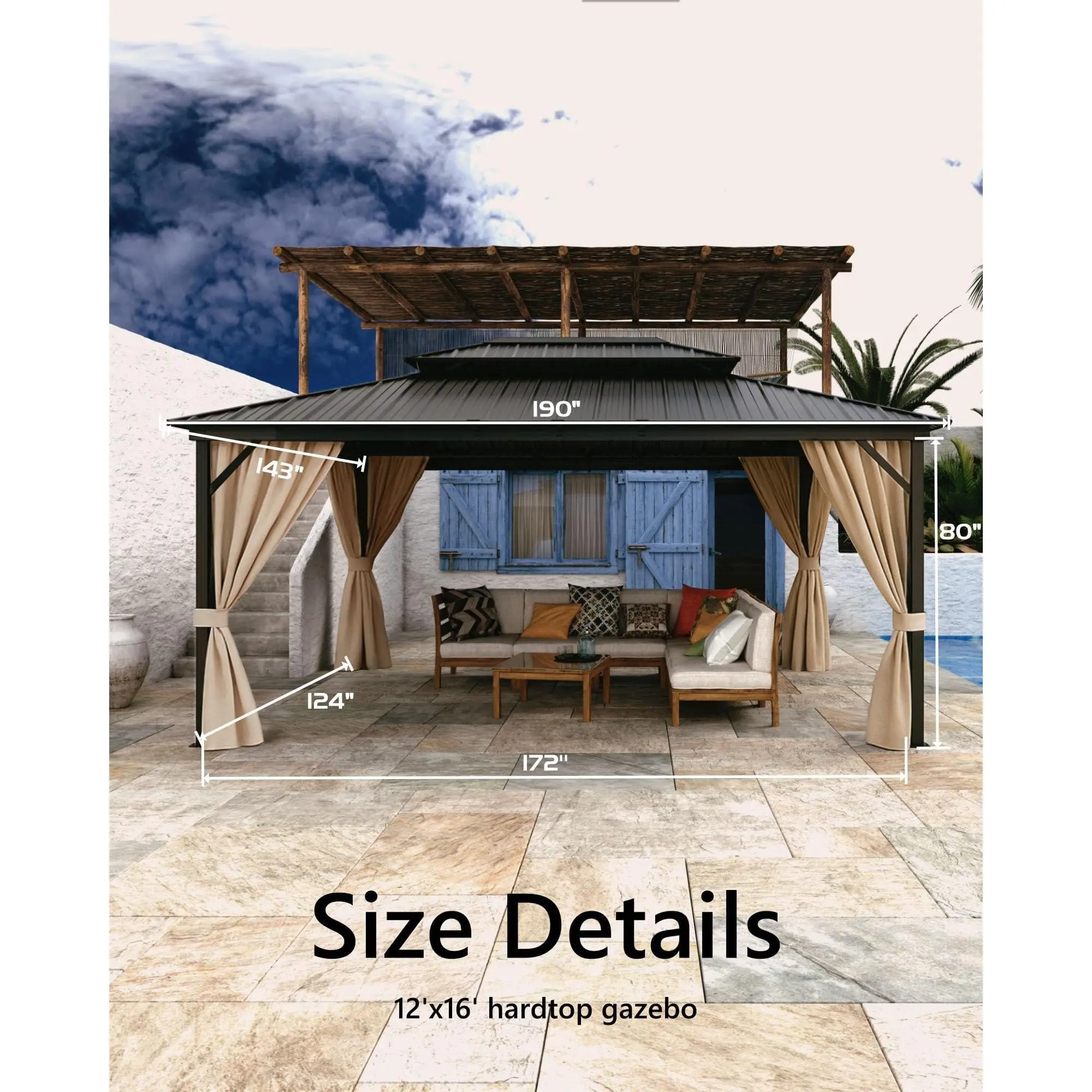 GARVEE 16x12 FT Rectangular Hardtop Gazebo with Curtains and Netting, Galvanized Steel Double Vented Roof, Aluminum Frame Metal Patio Gazebo with Aluminum Base for Backyard, Deck
