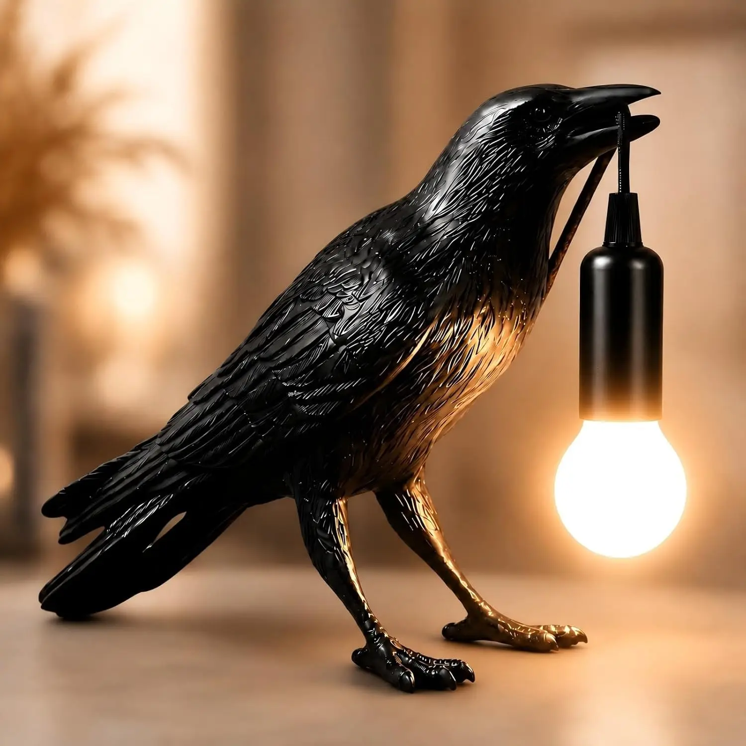 Raven Lamp Gothic Decor, Black Crow Table Lamp with LED Bulb, Unique Dark Aesthetic Night Light for Bedroom Desk, Halloween Home Decoration Gift