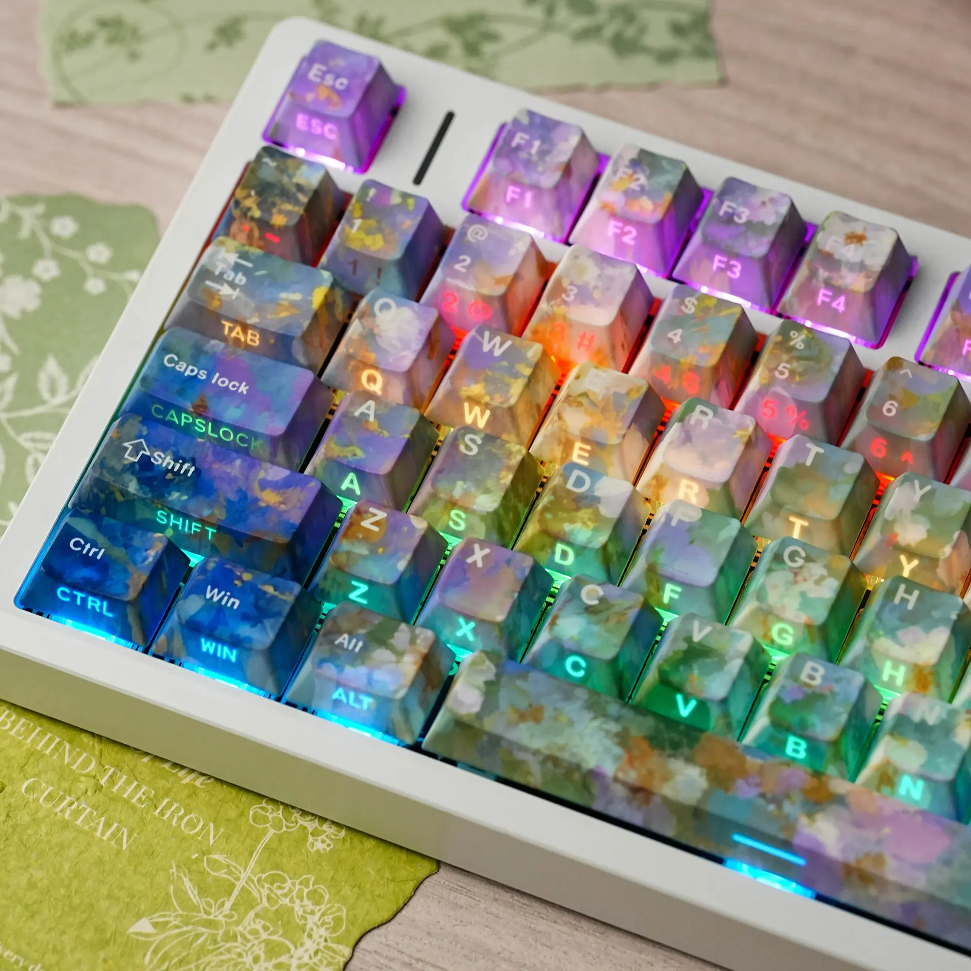 Mist Petal Keycaps 131 Keys Original Height, Five-Sided Heat Transfer Pbt  Dual Color Injection, Transparent Side, Suitable for Mechanical Keyboard