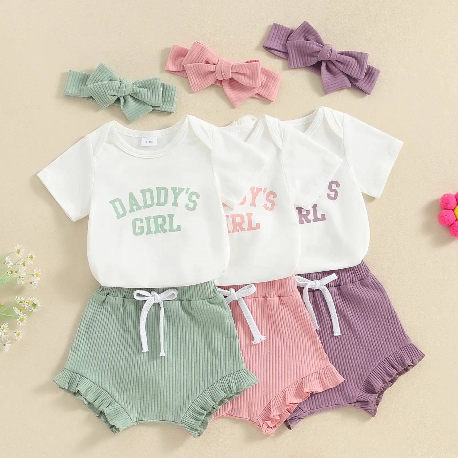 Daddy's Girl Baby Clothes Newborn Short Sleeve Romper Ribbed Shorts Headband Sets 3Pcs Infant Summer Outfits
