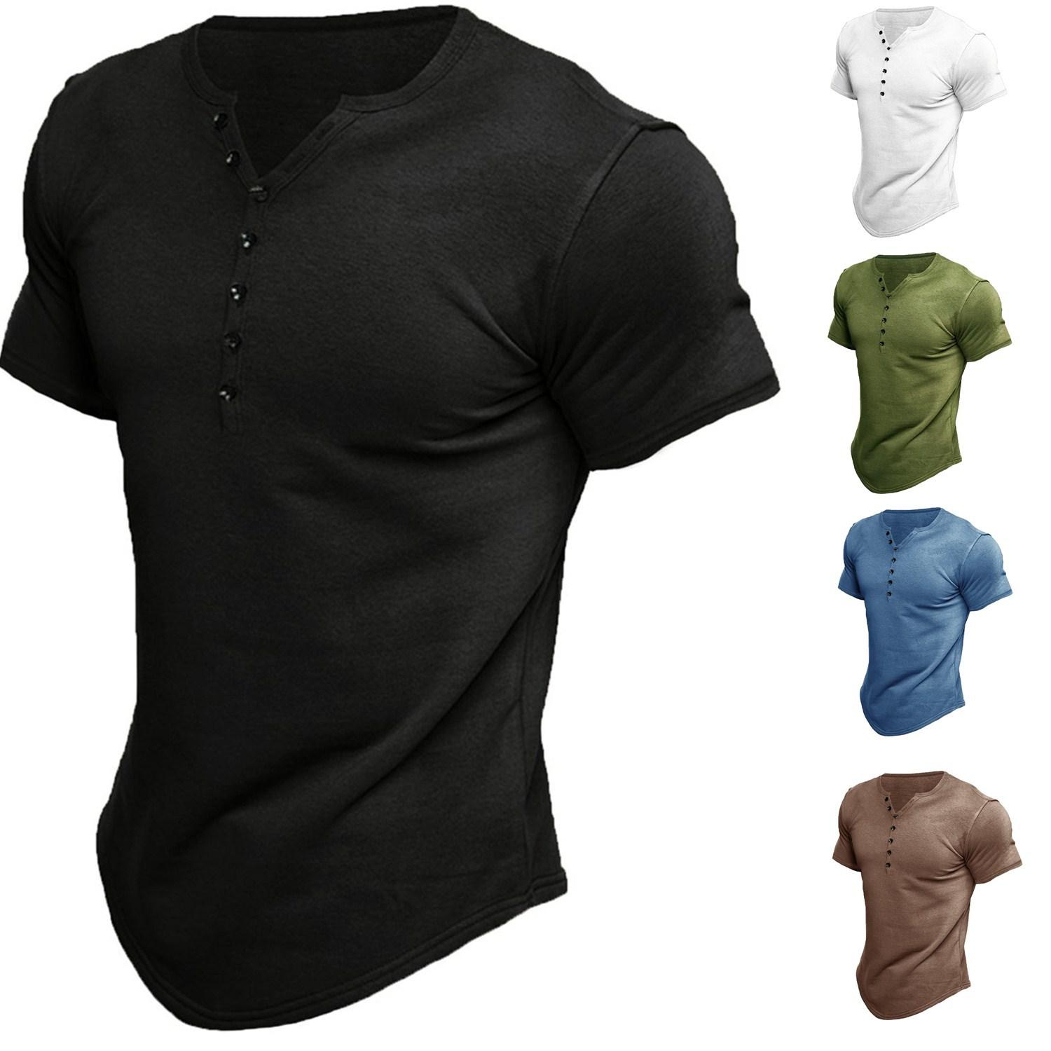 Summer Men's Henley Shirt Short Sleeve Solid Color Button T-Shirt Top
