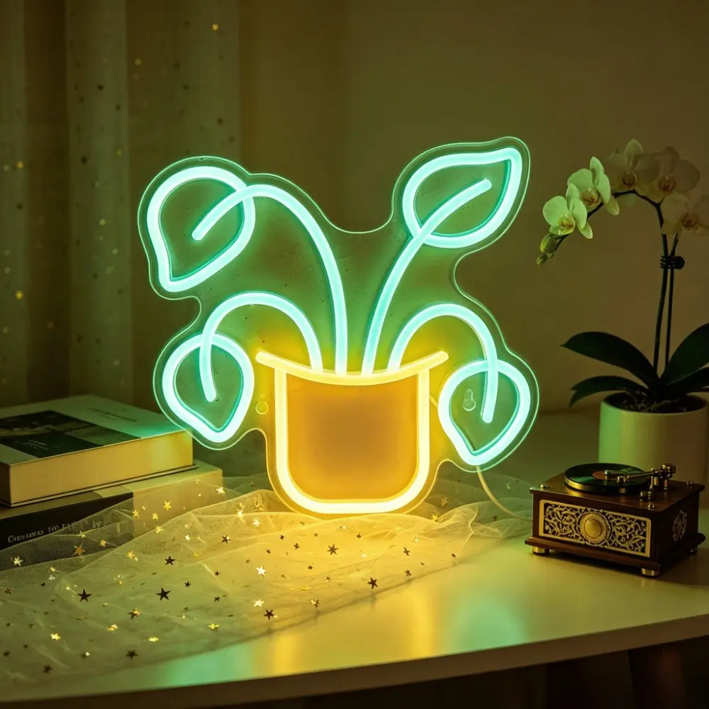 Green plant potted LED neon light - green contrasting color healing floral creative design, USB adjustable brightness, suitable for bedrooms, study, cafes, homestays, flower shops, green plant lovers gifts, warm healing atmosphere decoration decor festive