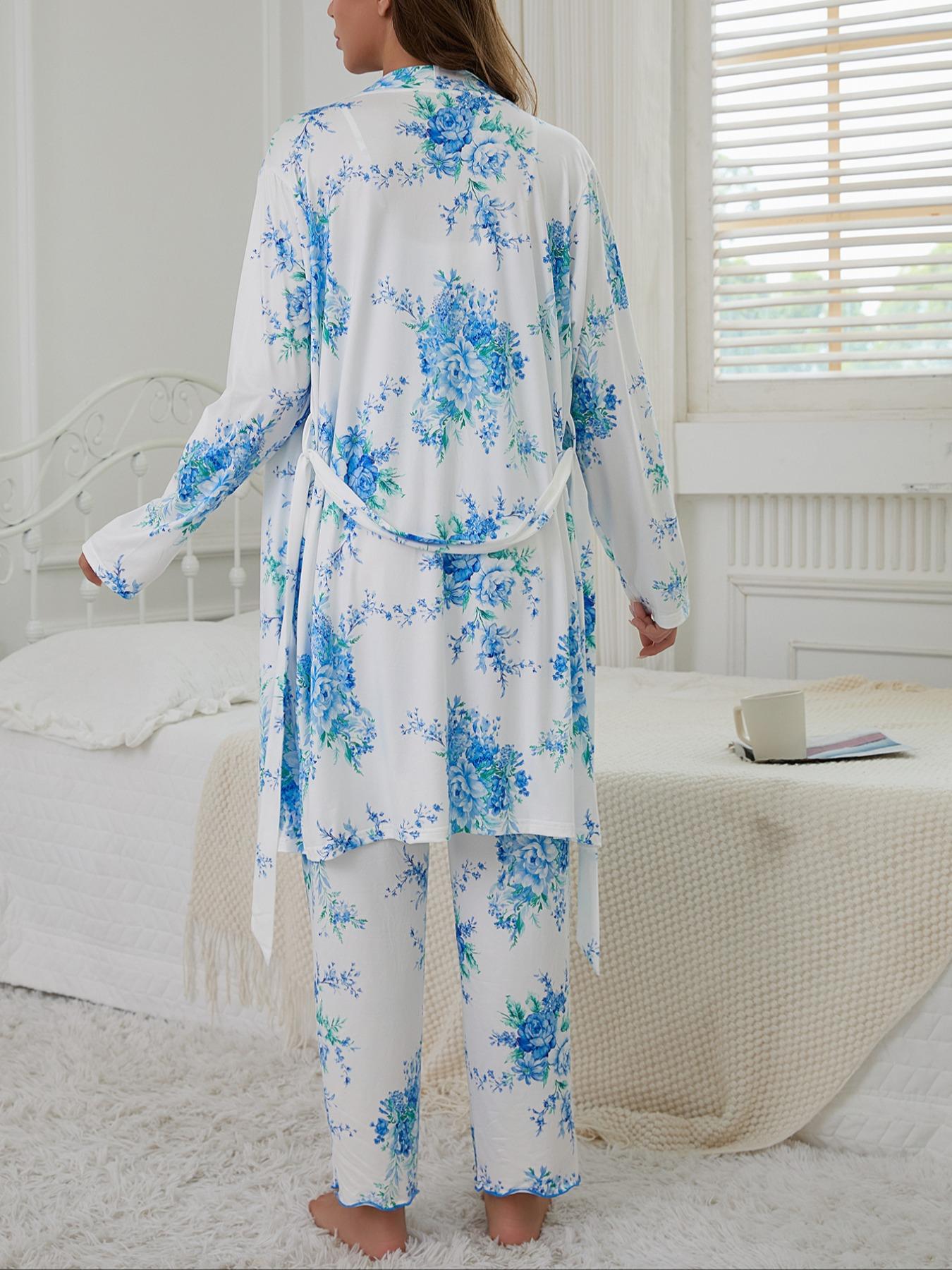 Floral Print Women's Robe Set + Strap Pants Three-Piece Comfortable Sleepwear Suit, Pajamas, Casual Home Wear for All Seasons