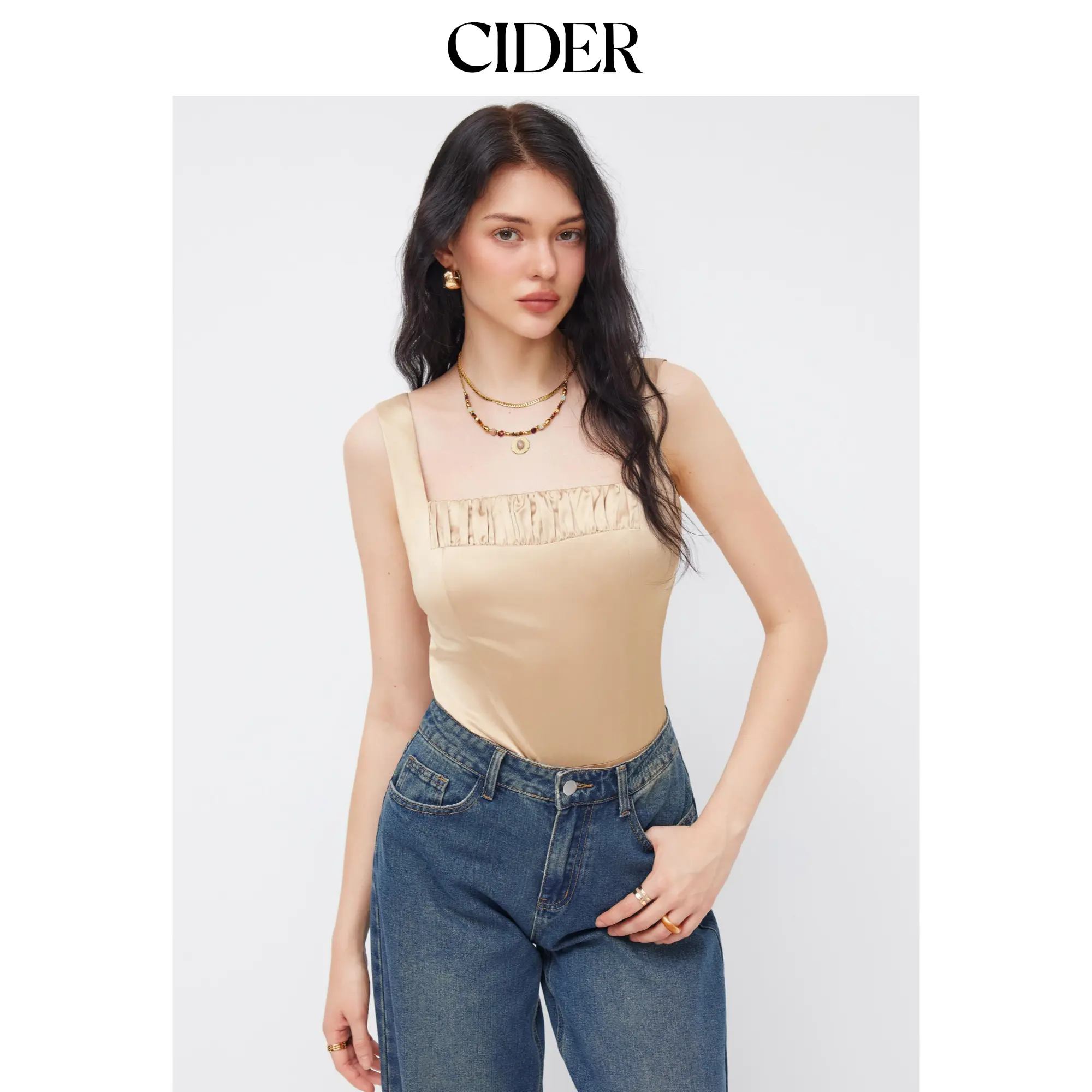 Cider Satin Square Neck Ruched Bodysuit