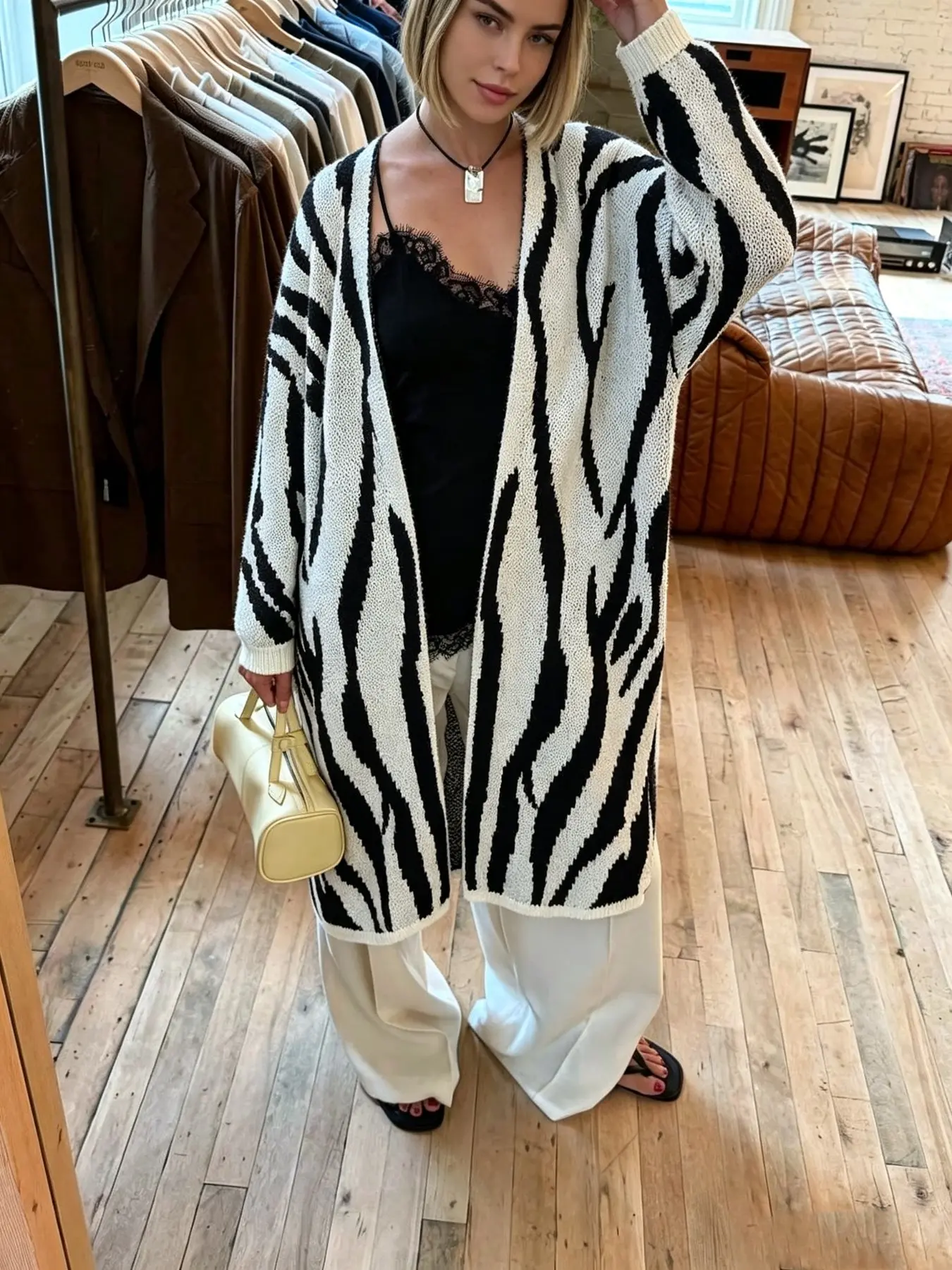 Women's Y2K Knit Cardigan, Zebra Print Long Loose Fit Sweater, Elegant Fall Winter Outerwear, Comfortable Casual Style