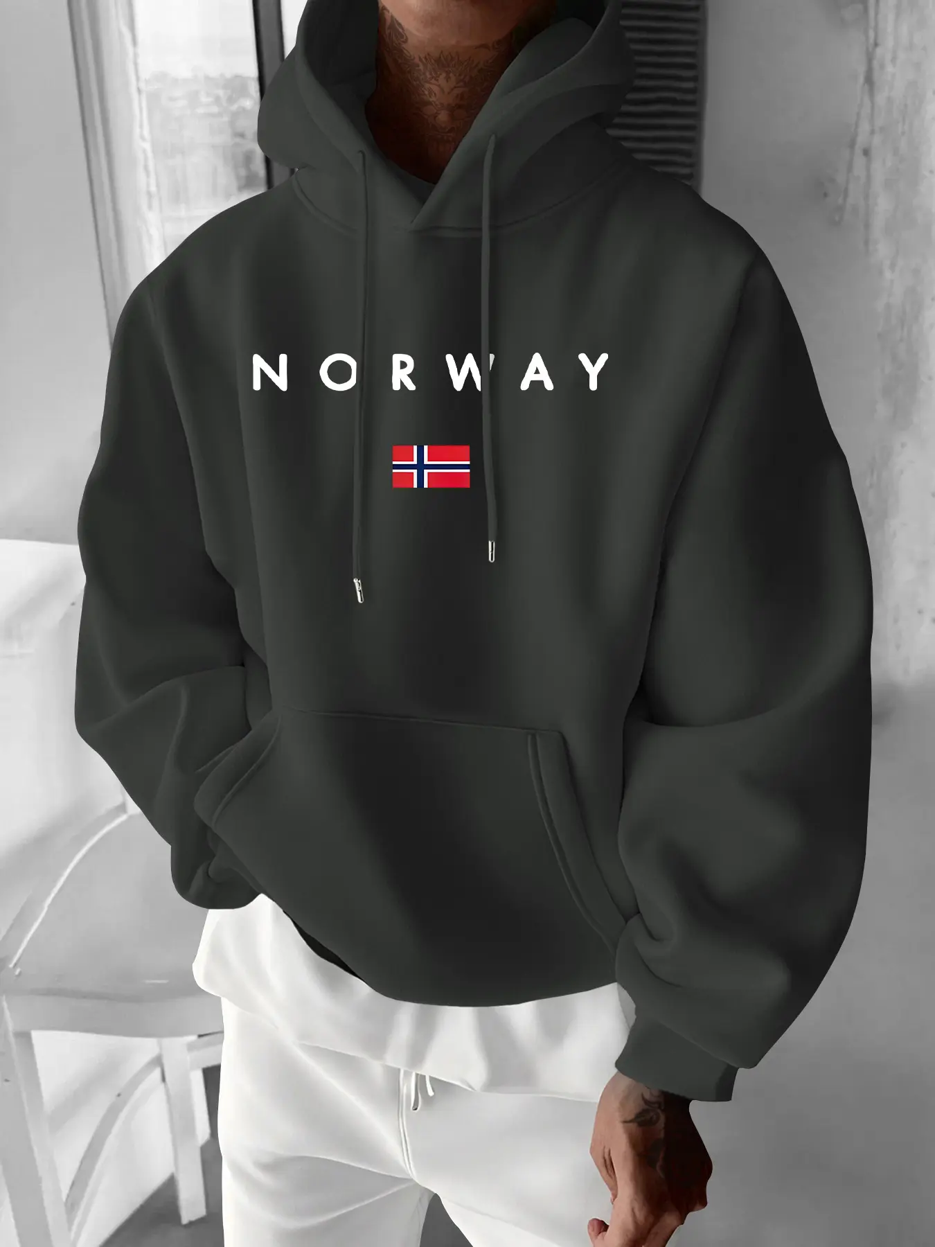 Men's Casual Sporty Hoodie Sweatshirt, Long Sleeve, Norwegian Flag Print, Regular Fit, Slight Stretch, Drawstring, Kangaroo Pocket, Fall & Winter