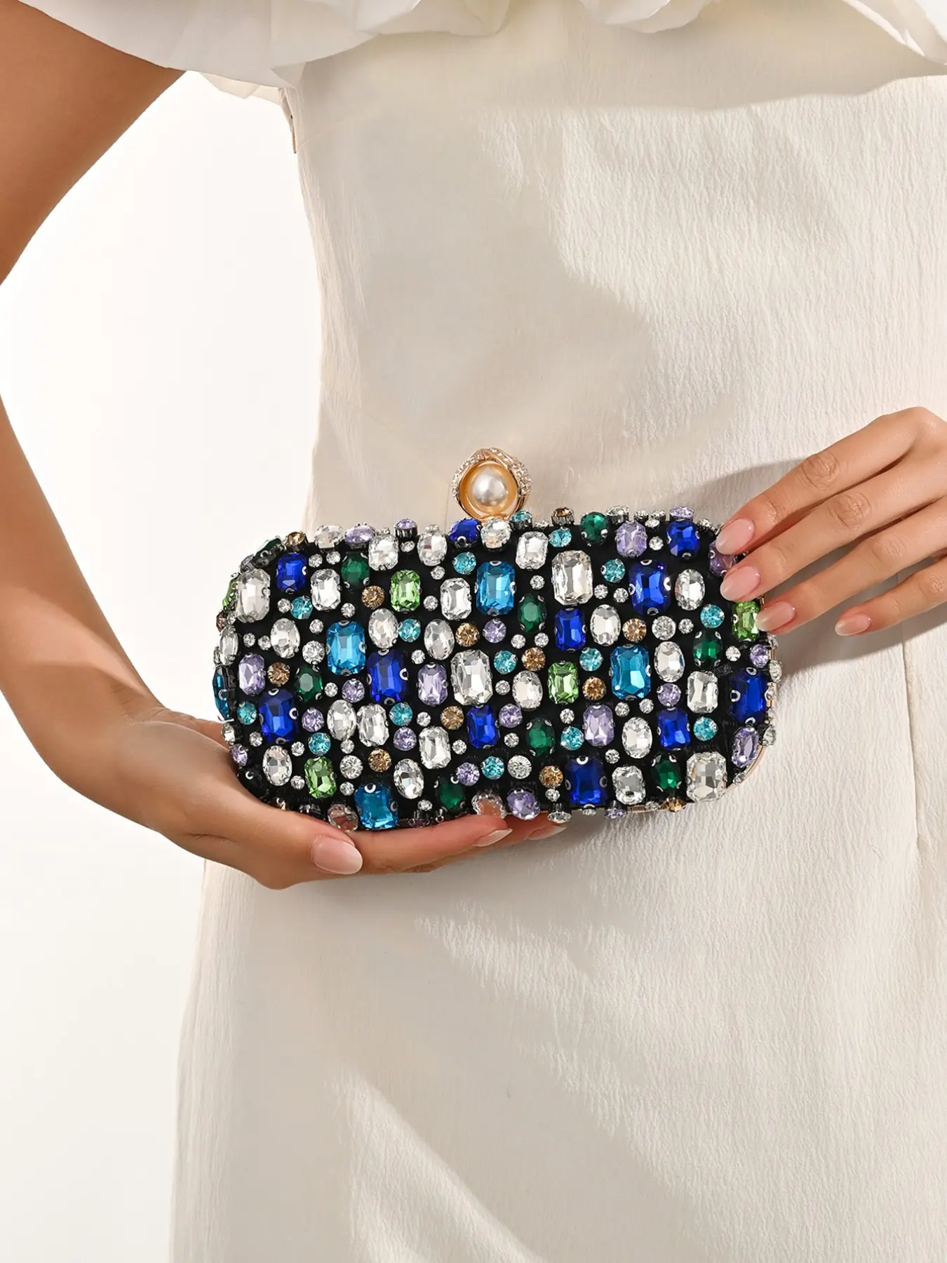 Women's Colorful Rhinestone Clutch Bag, Glittery Clutch Bag, Handmade Diamond Evening Bag with Detachable Chain, Perfect for Weddings, Parties, Cocktail Events