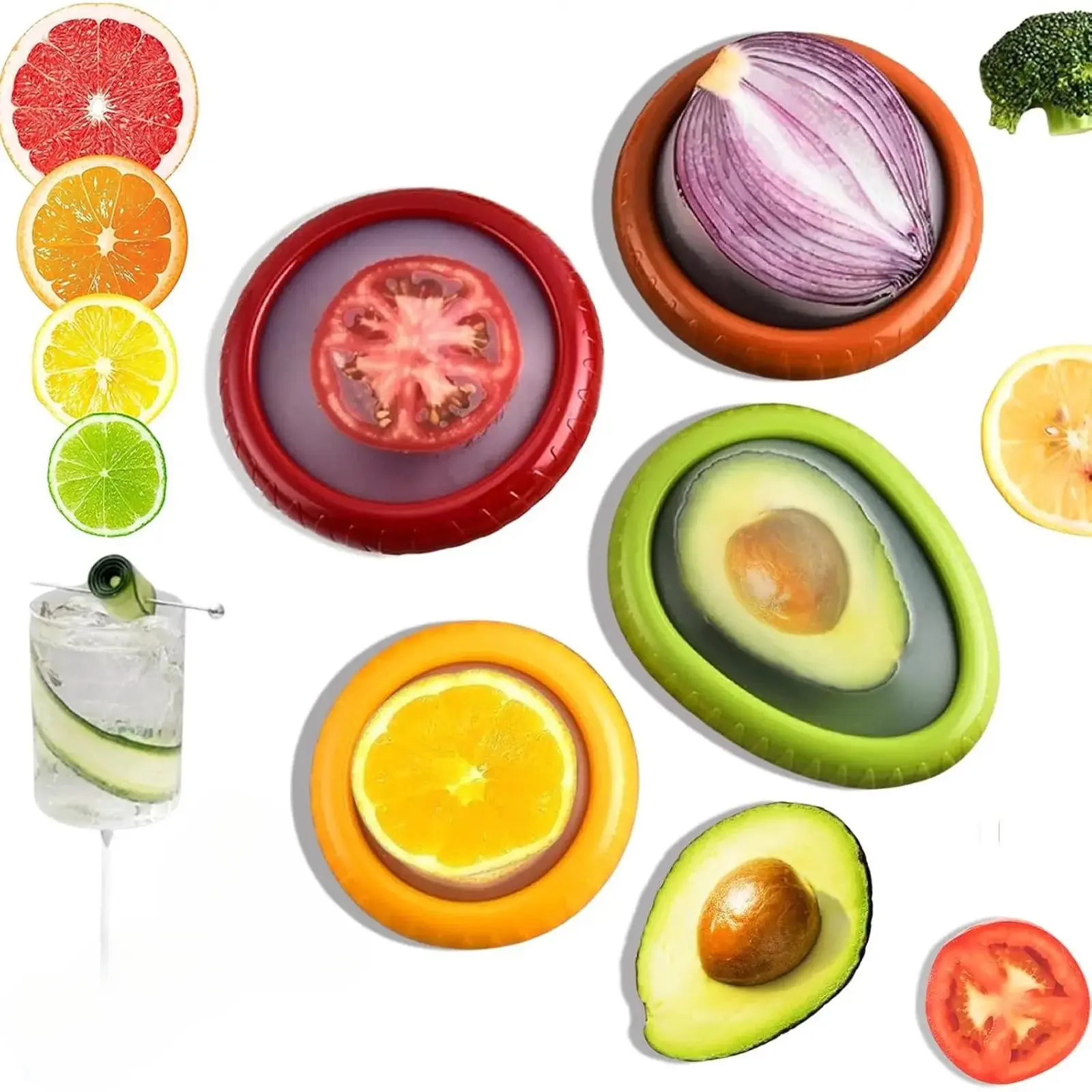 4-piece reusable silicone fruit and vegetable storage box set with a peeler and preservation kit, suitable for avocados, tomatoes, onions, and other fruits and vegetables.