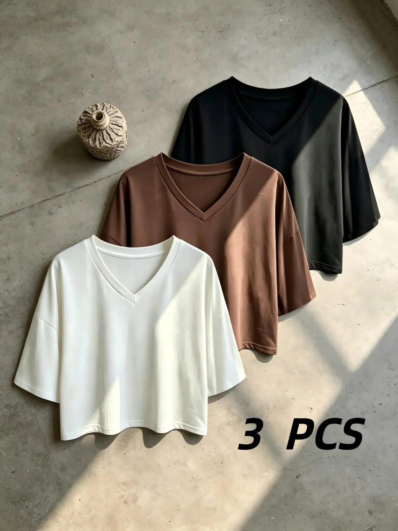 Summer Loose Fit Casual V-Neck Half Sleeve T-Shirt, Casual Summer Chic, Simple and Elegant, Slimming Daily Wear, Three-Piece Set, Perfect for Everyday Style