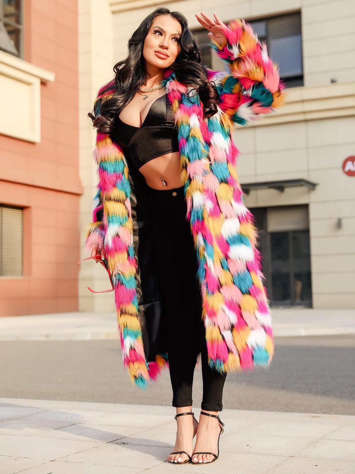 Women's Colorblock Faux Fur Jackets, Street Fashion Long Sleeve Fitted Coat for Daily Outdoor Wear, Women's Clothing for Fall & Winter, Fashion Outerwear