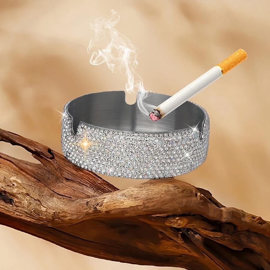 Bling Stainless Steel Ashtray with Rhinestone Design, Decorative Metal Ashtray for Home, Car, Desk and Patio, Luxury Portable Smoking Accessory
