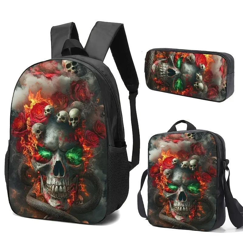 Halloween Theme 3-Pieces Graphic Skull Set Pack, Oxford Fabric Gothic Gym Backpack with Lunch Bag & Pencil Case, Horror Rose Snake Print for Teens